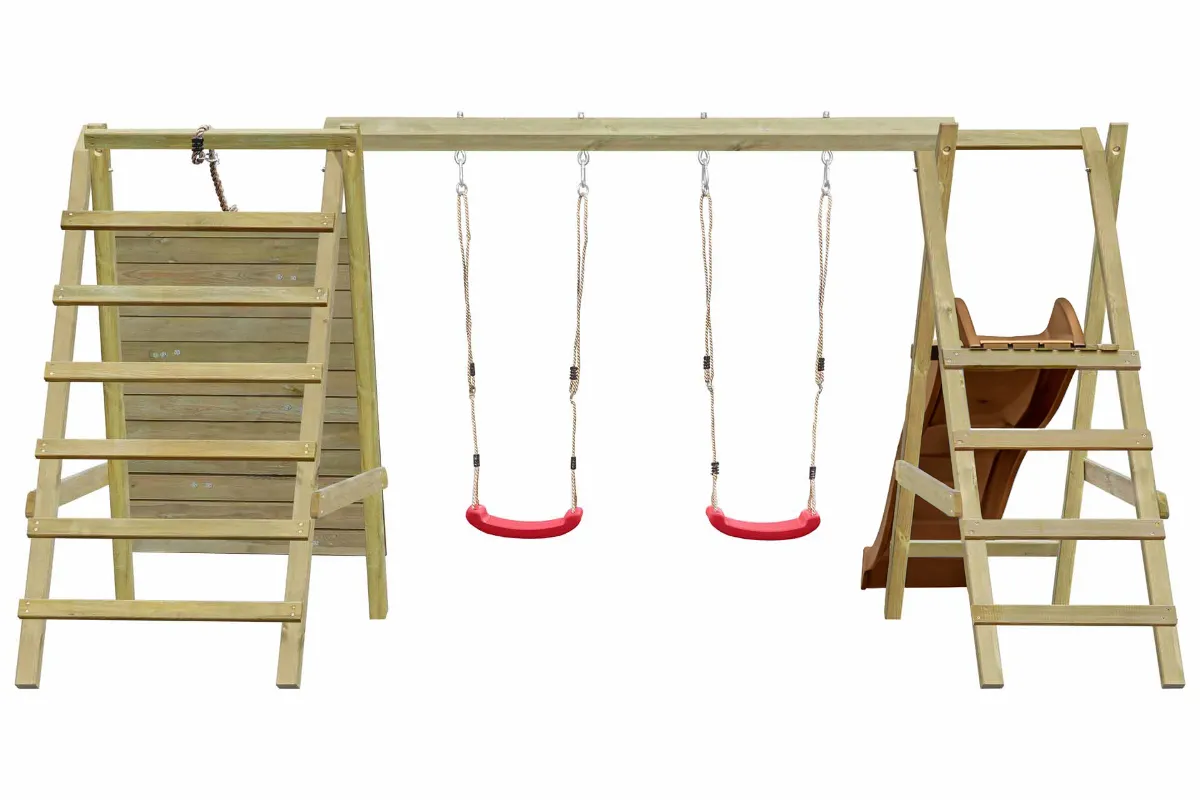 Gartenpirat Doppelschaukel Anna mit Kletternetz Sprossenleiter und brauner Rutsche