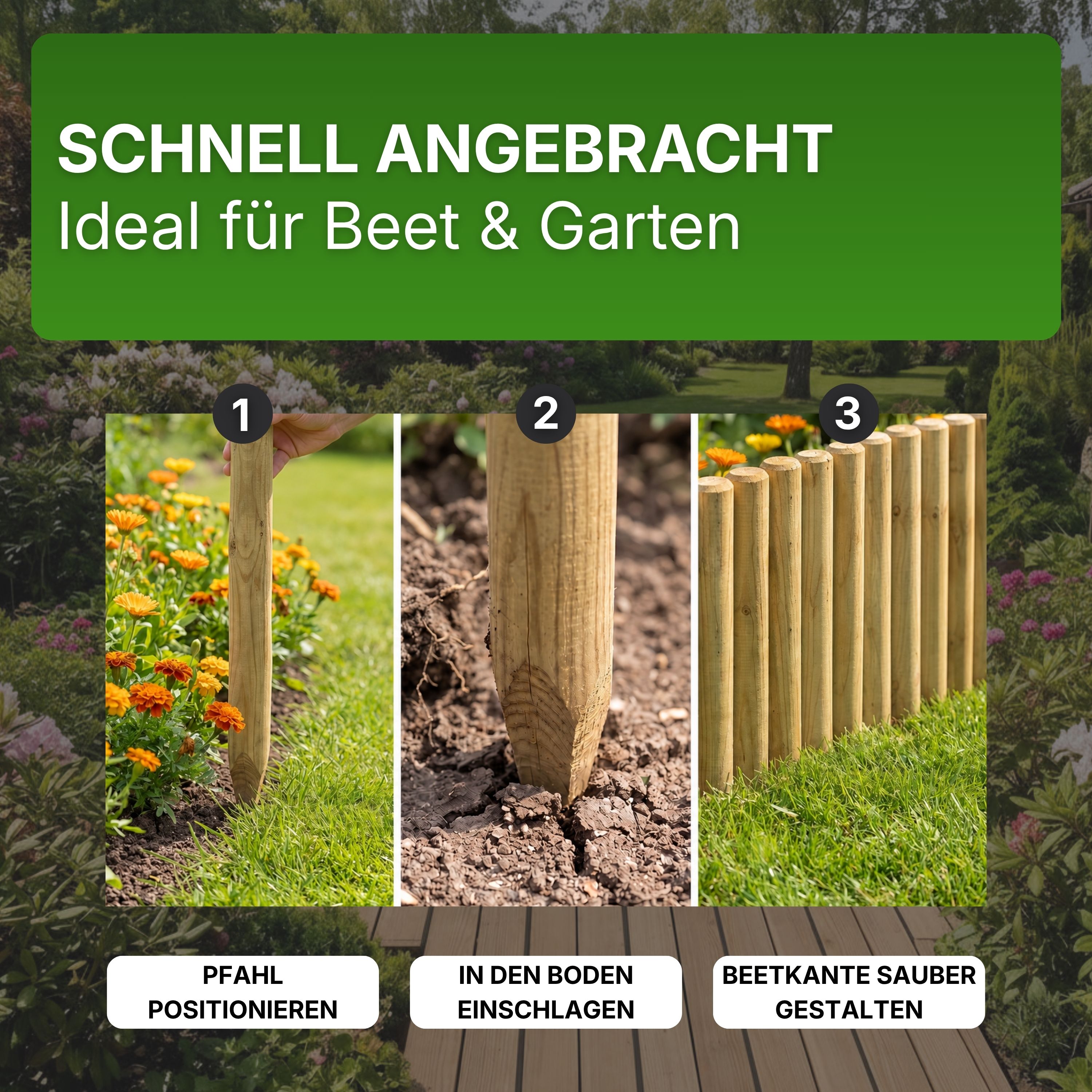 Palisaden Ø 6 und 8 cm Beetumrandung verschiedene Längen Rasenkante Holz-Pfosten KDI Pfahl
