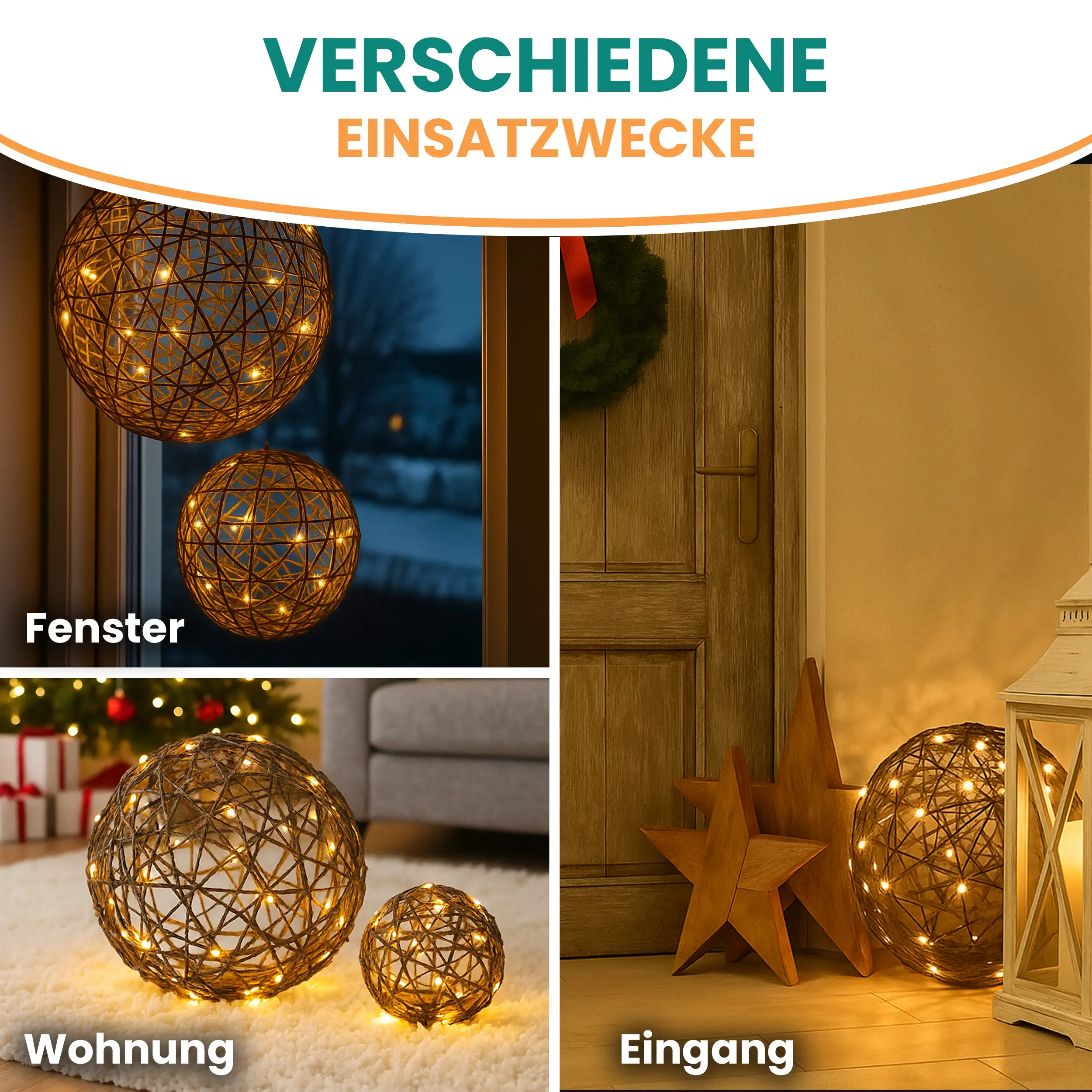 Batterie-Rattankugel aus Kunststoff mit warmweißen LED und Timer-Funktion