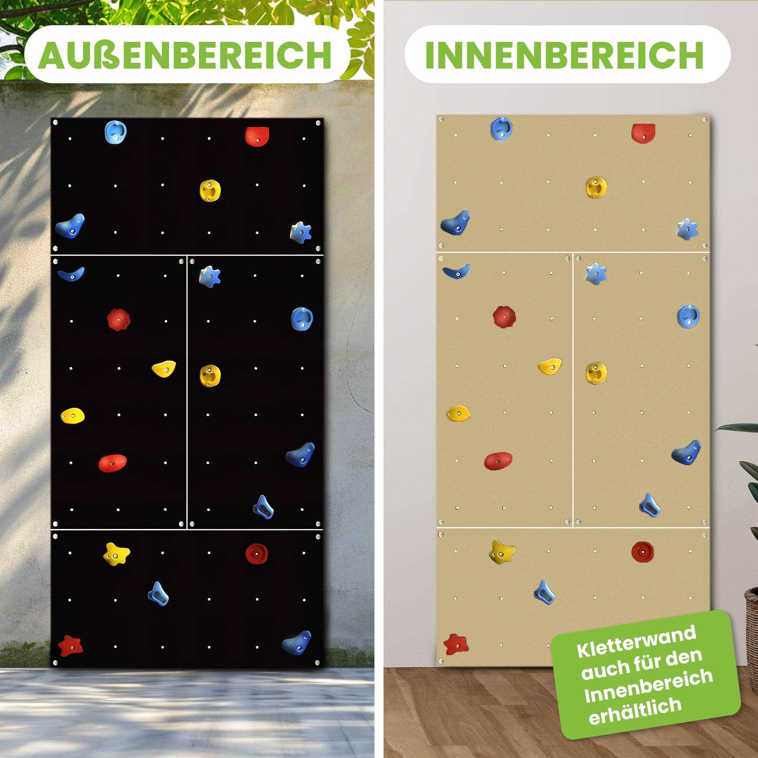 Kletterwand Outdoor mit bunten Klettersteinen und Montagematerial für Kinder und Erwachsene