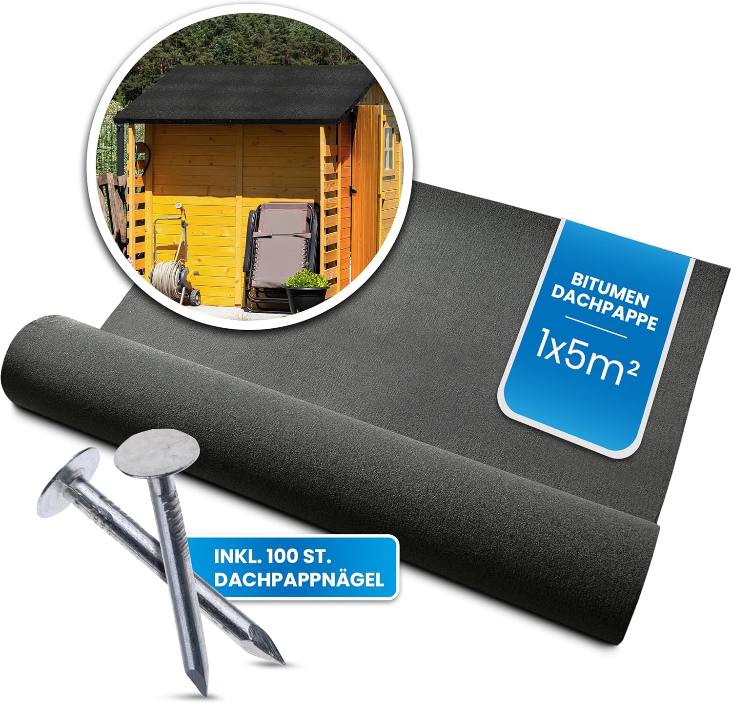 Bitumen Dachpappe schwarz Bitumenbahn zur Dacheindeckung Dachbahn inkl. 100 Stück Dachpappnägel