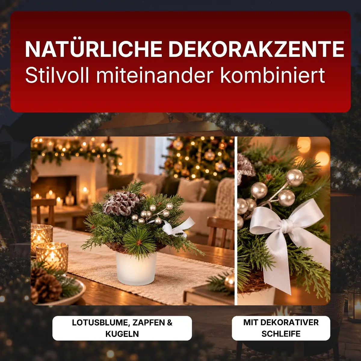Adventsgesteck mit Lotusblume, Zapfen & Kugeln