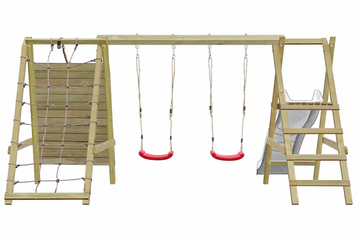 Gartenpirat Doppelschaukel Sarah mit Kletternetz Kletterwand und Podest