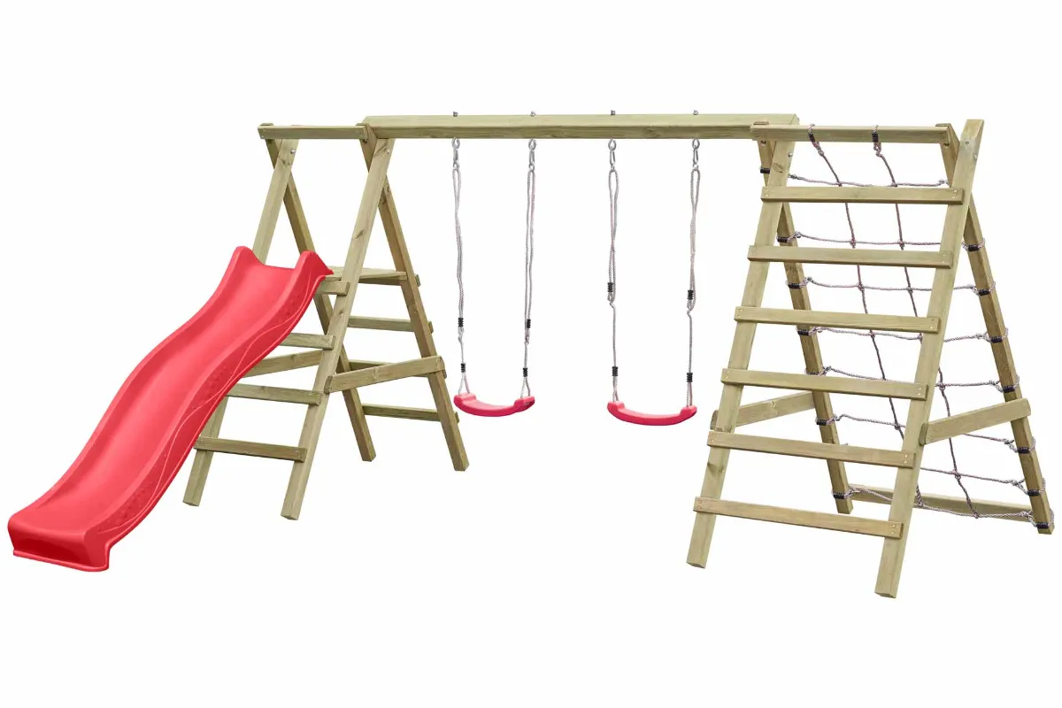 Doppelschaukel Jana mit Kletternetz Sprossenleiter und roter Rutsche