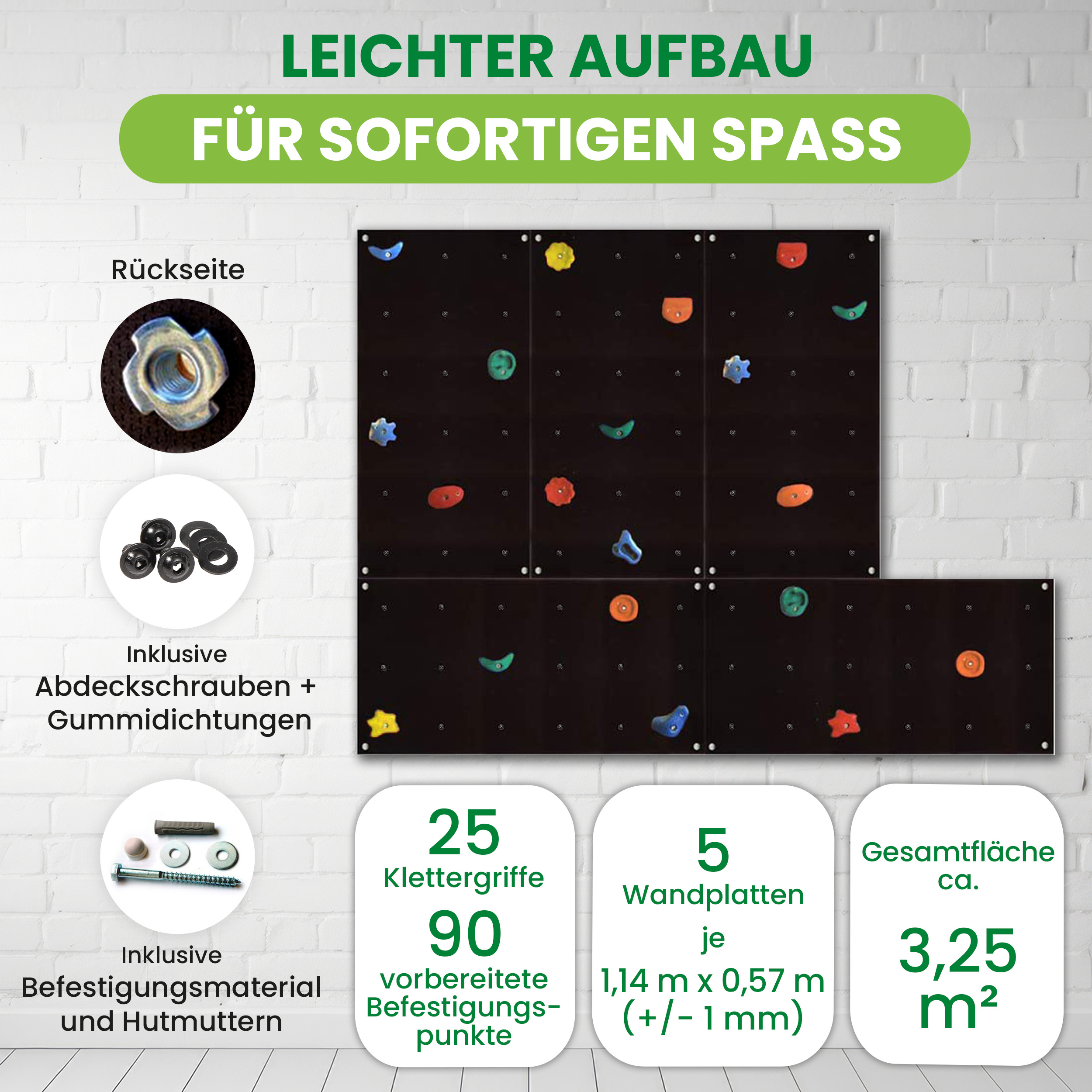 Kletterwand Outdoor mit bunten Klettersteinen und Montagematerial für Kinder und Erwachsene