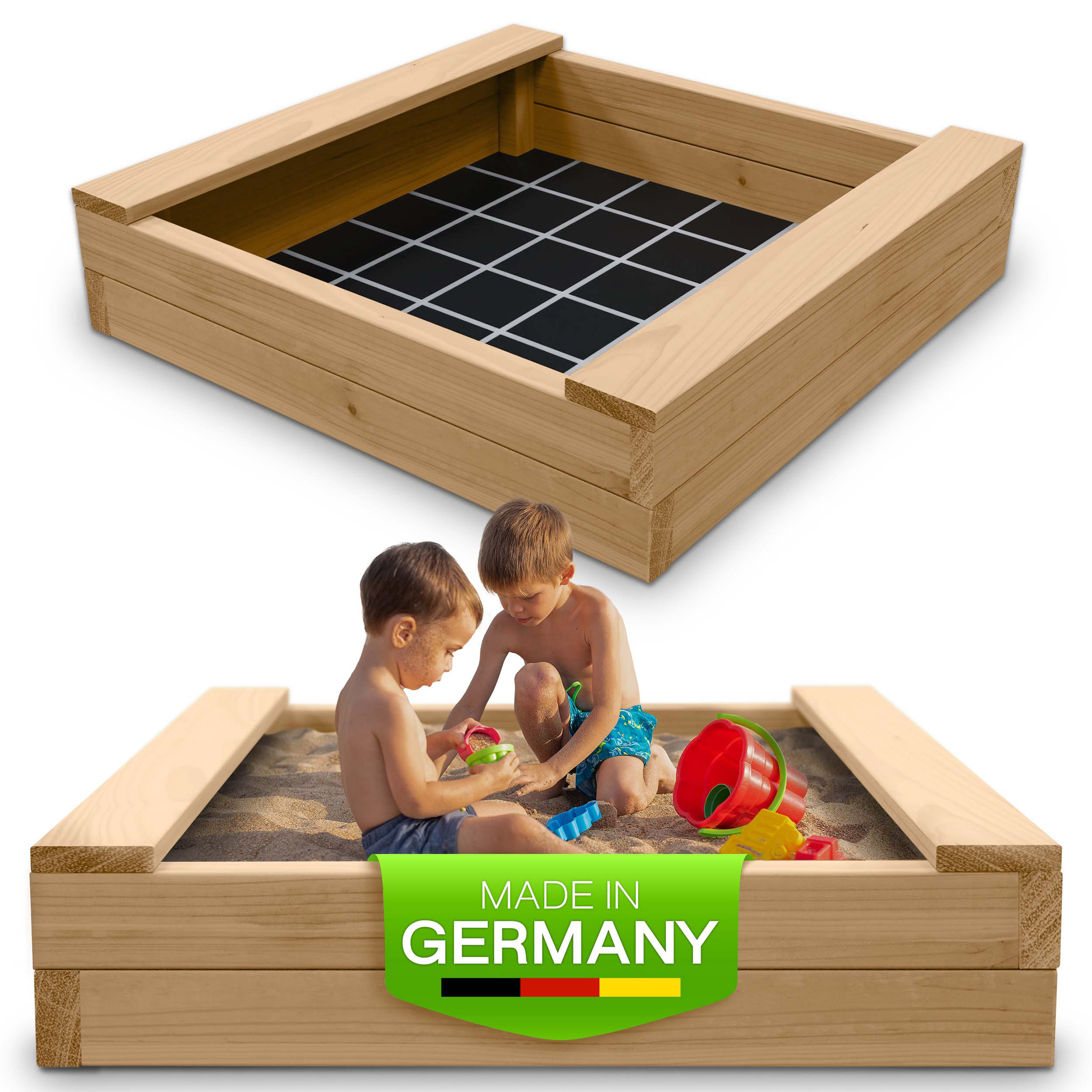 Sandkasten BULLE Lärche natur 45 mm inkl. Sitzbretter und Bodenplane Sandbox