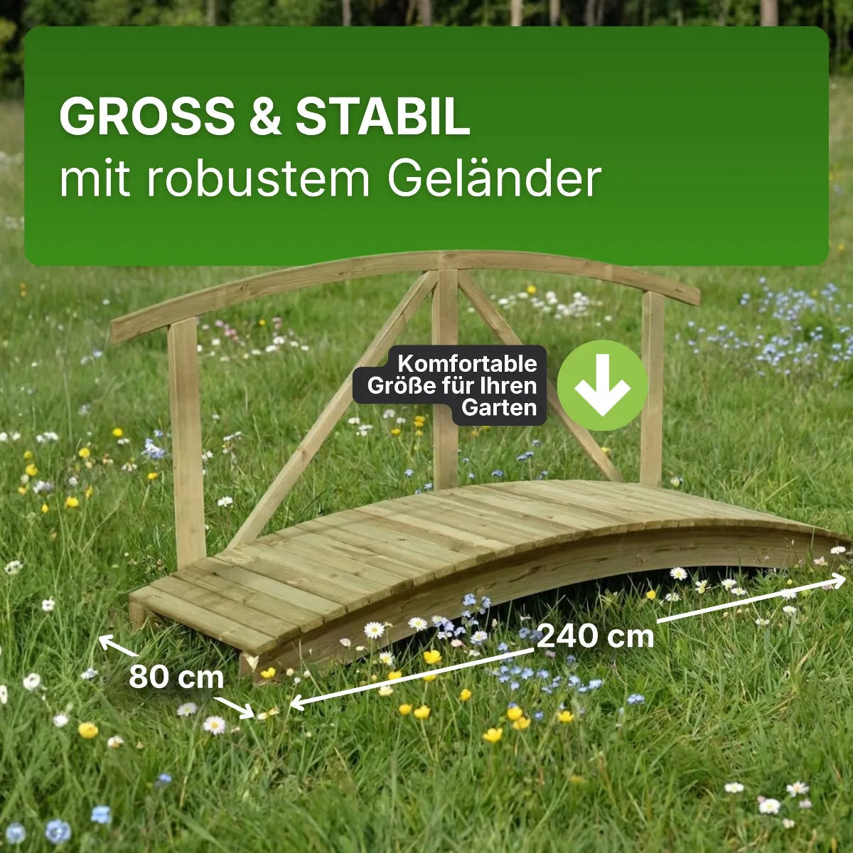 Holzbrücke mit Handlauf aus Kiefernholz KDI Gartenbrücke Teichbrücke Steg
