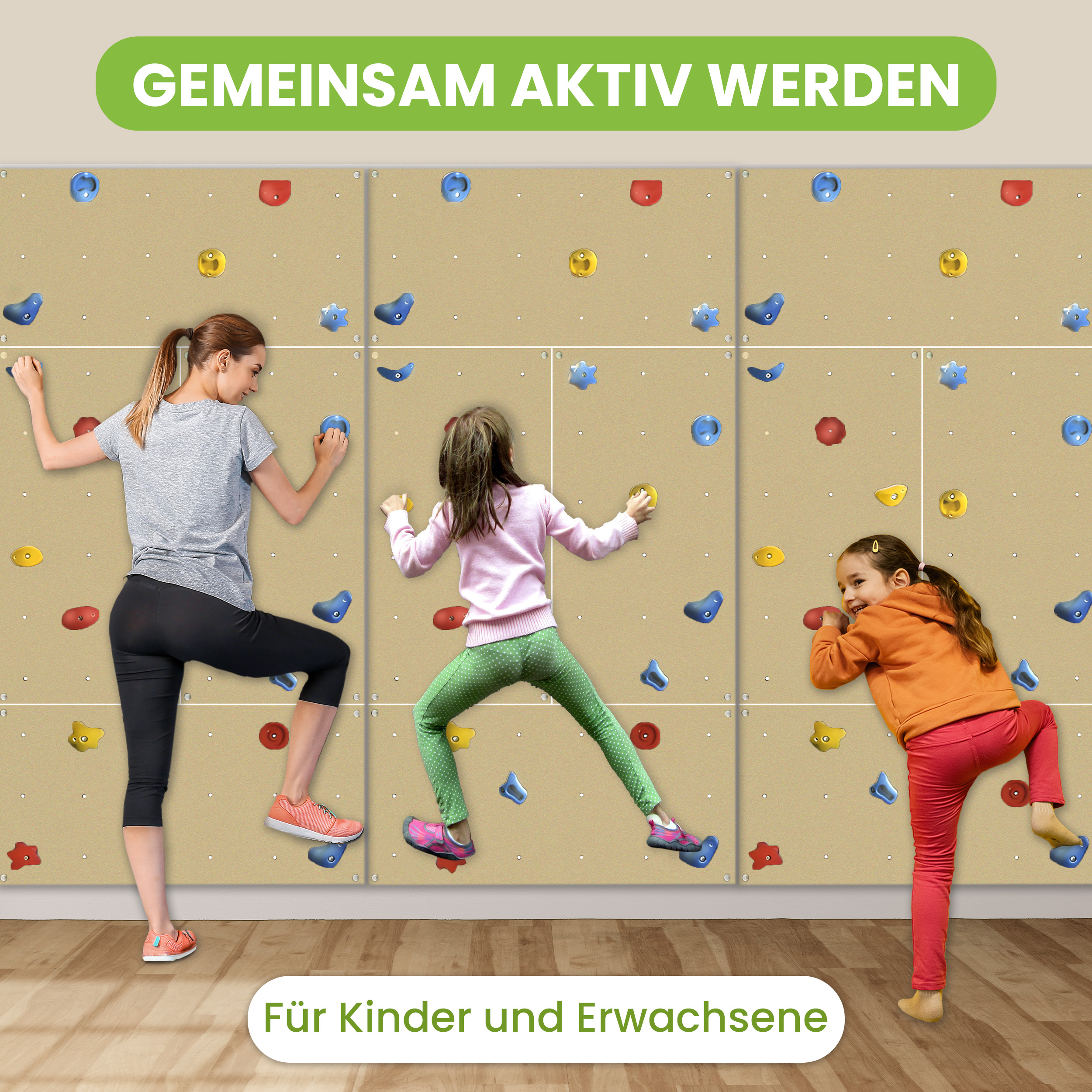 Kletterwand Indoor mit bunten Klettersteinen und Montagematerial für Kinder und Erwachsene