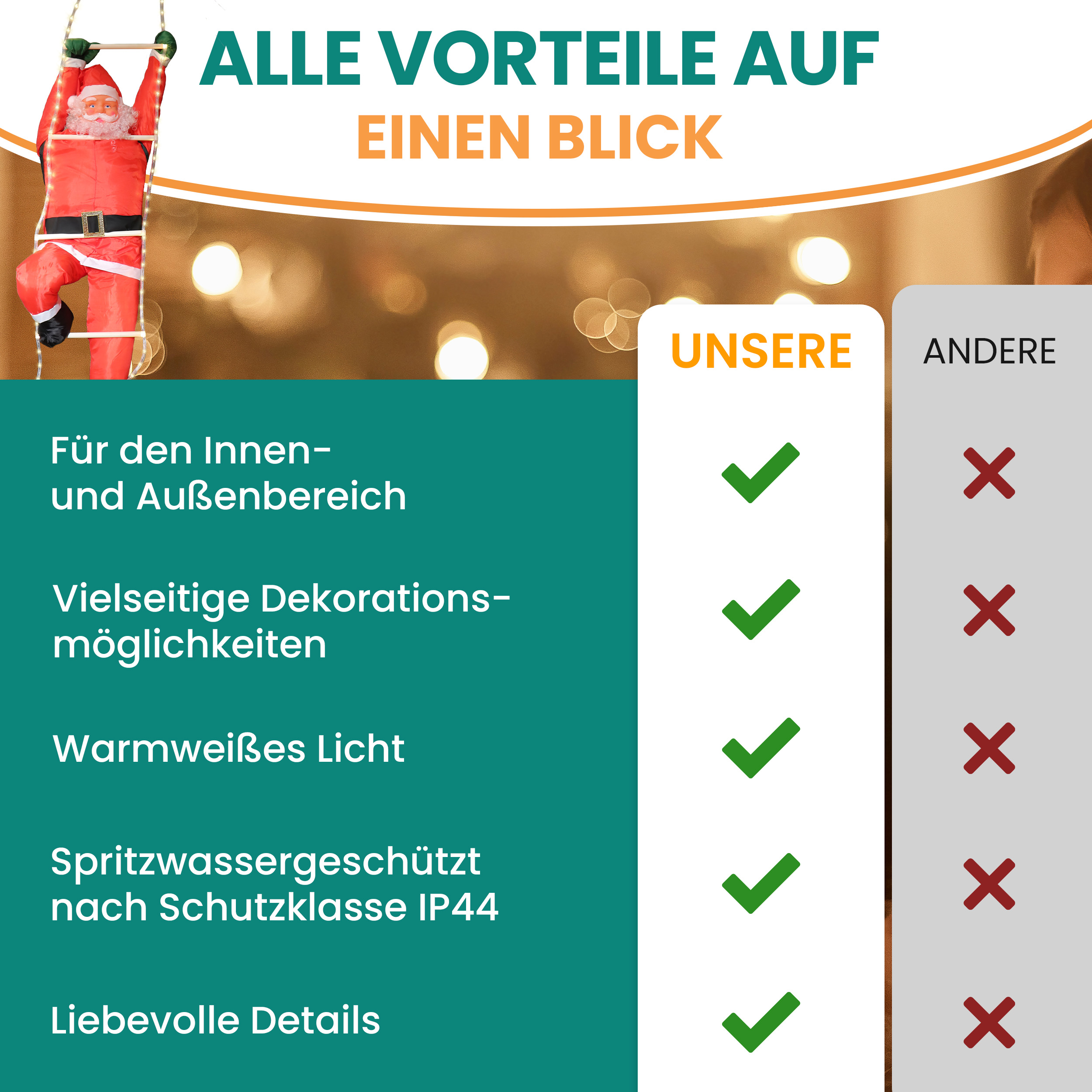 Weihnachtsmann 120/200 cm auf Leiter mit LED beleuchtet für außen