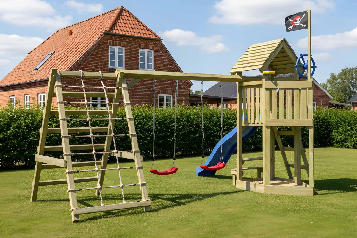 Spielturm Lina Max mit Doppelschaukel Tisch und Kletterbereich