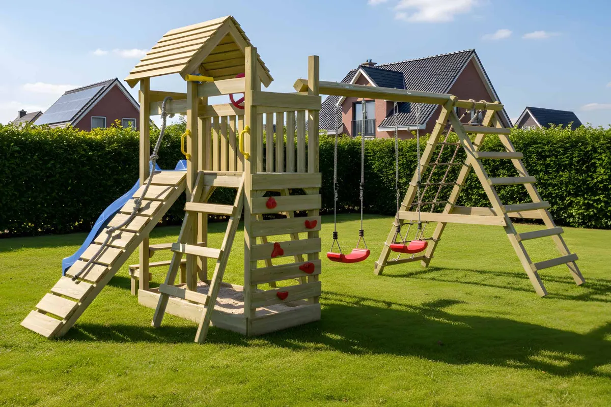 Spielturm Cris Max mit Doppelschaukel und großem Kletterbereich