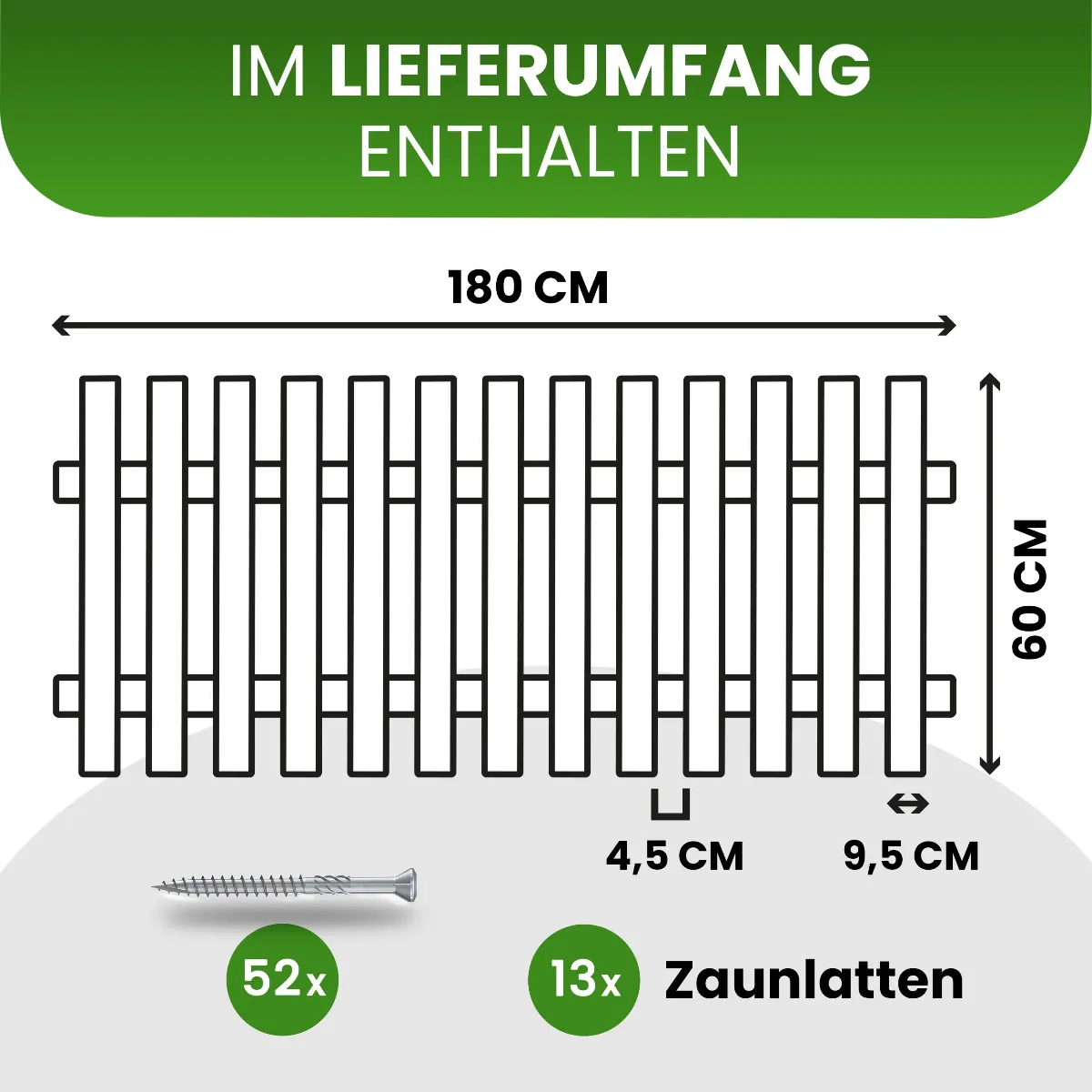Holzpaket für Gartenzaun Lattenzaun inkl. Schrauben 180 cm breit Lärche natur Typ E 60 cm hoch