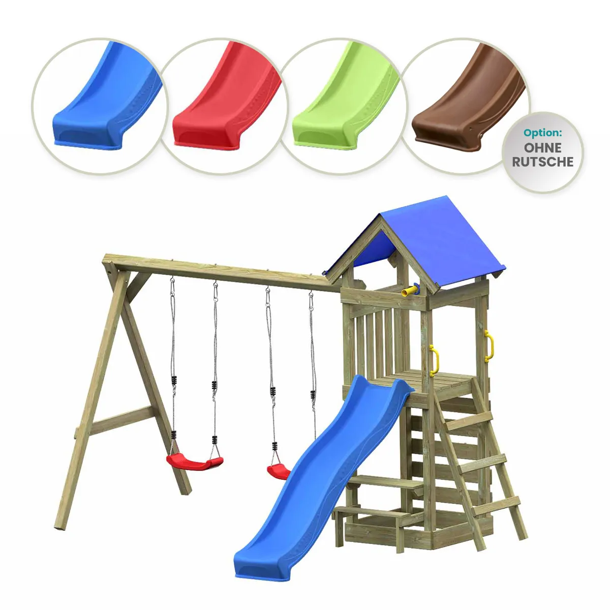 Spielturm Julia Abenteuer mit Doppelschaukel Kletterwand und roter Rutsche