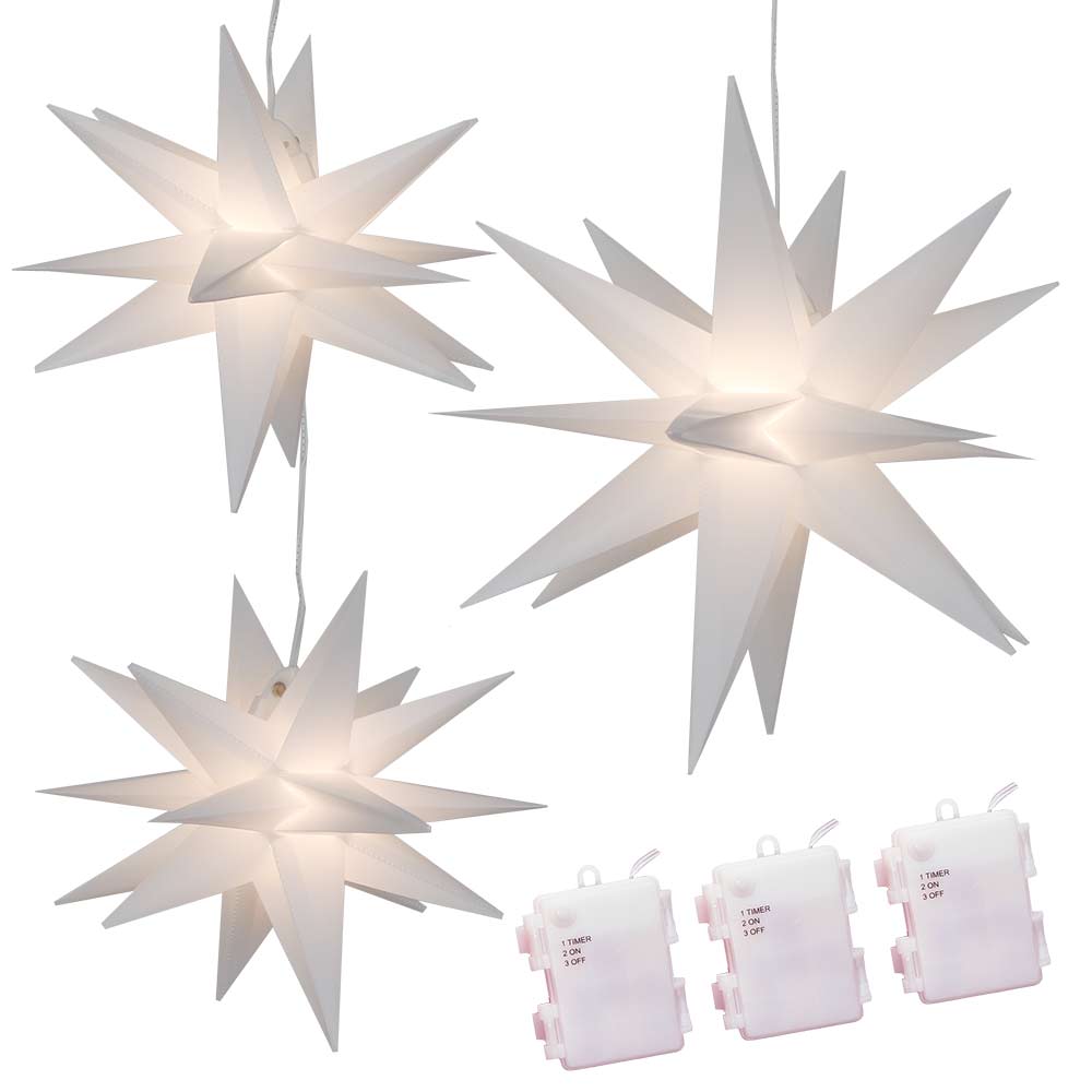 Set mit 3 Sternen weiß 25/25/35 cm zum Aufhängen batteriebetrieben