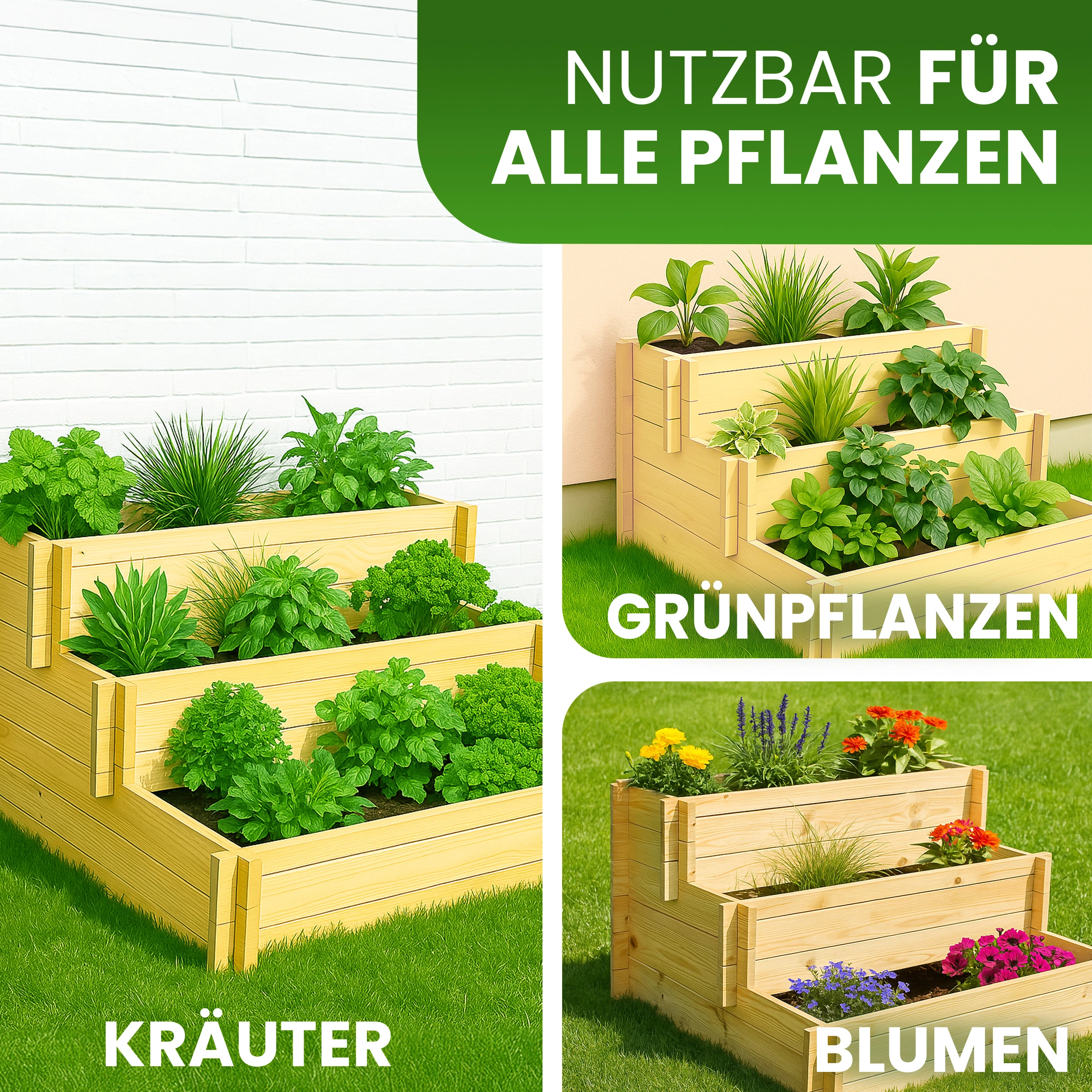 Stufenbeet 90x81xH51 cm aus Kiefer natur Pflanzkasten Beet für den Garten Pflanztreppe