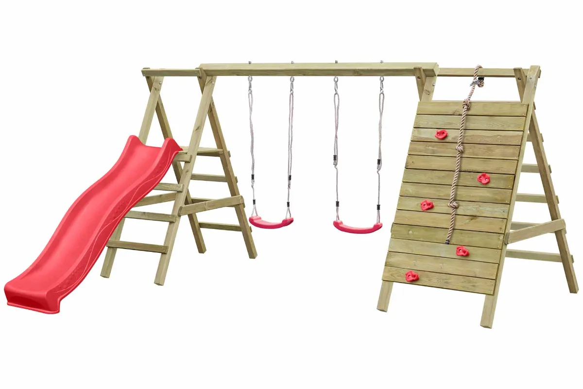 Doppelschaukel Anna mit Kletternetz Sprossenleiter und roter Rutsche