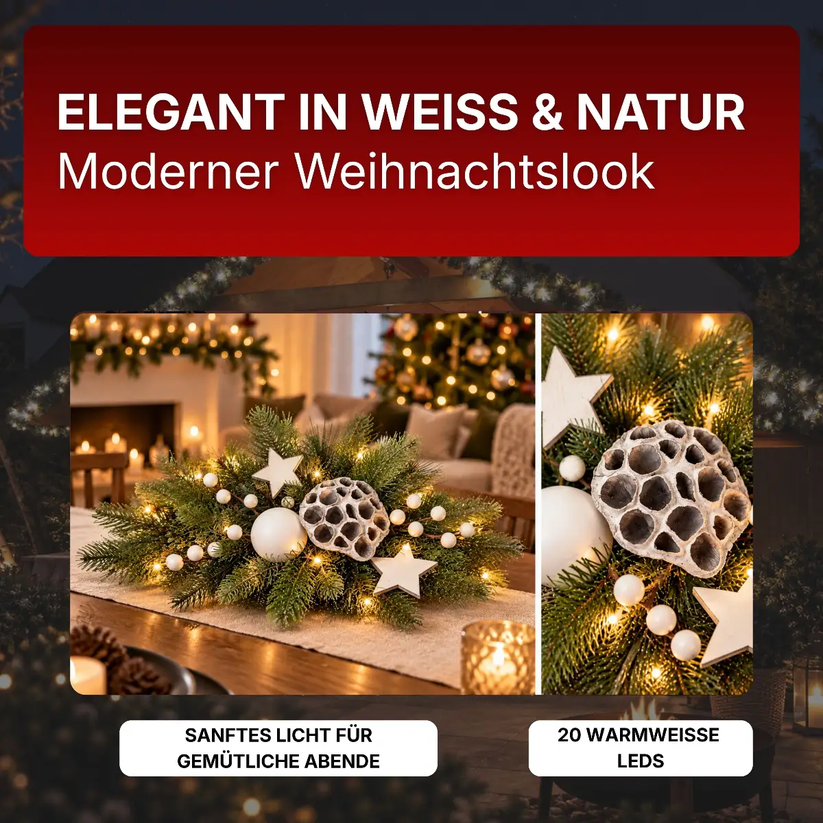 Adventsgesteck mit 20 warmweiße LEDs