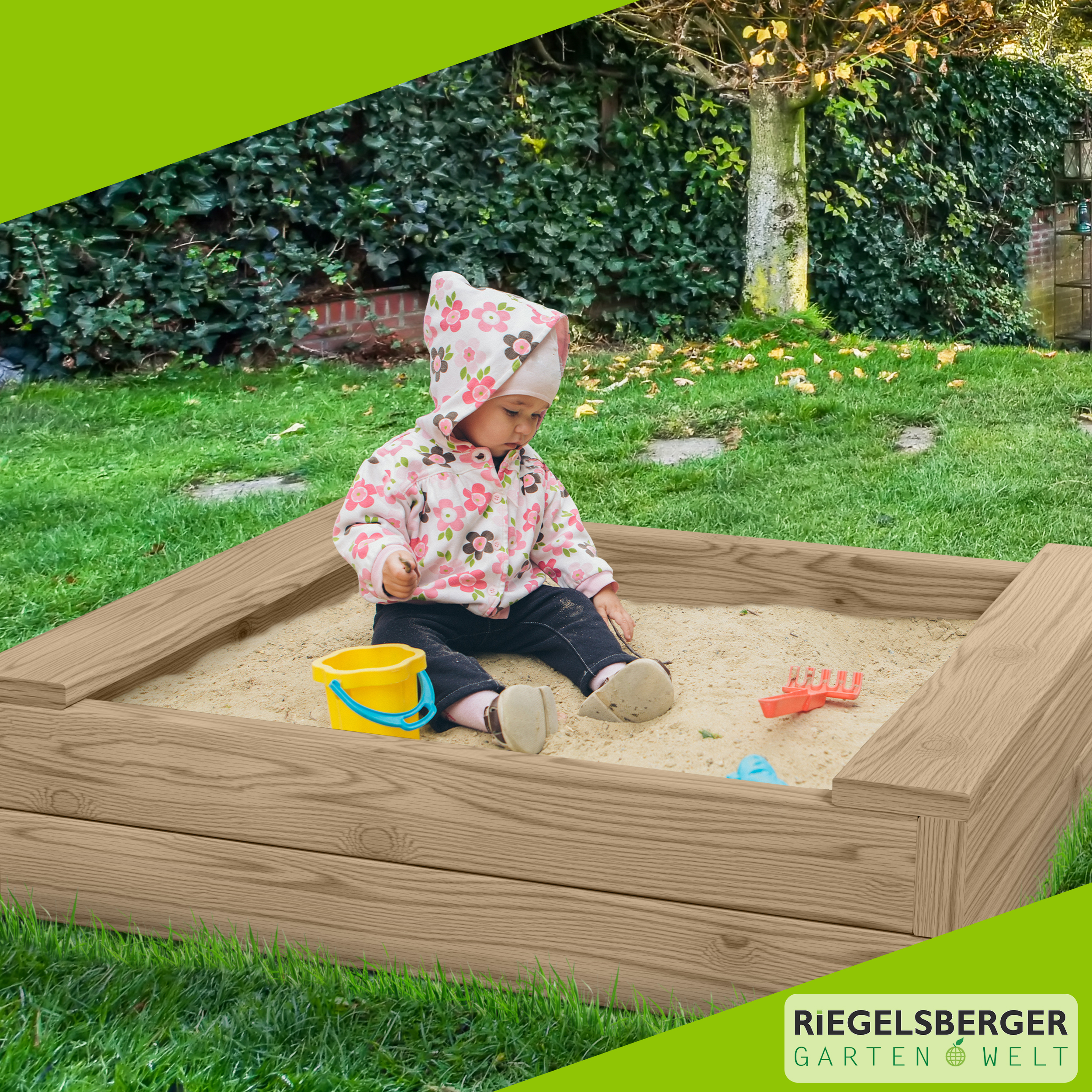 Sandkasten BULLE Lärche natur 45 mm inkl. Sitzbretter und Bodenplane Sandbox
