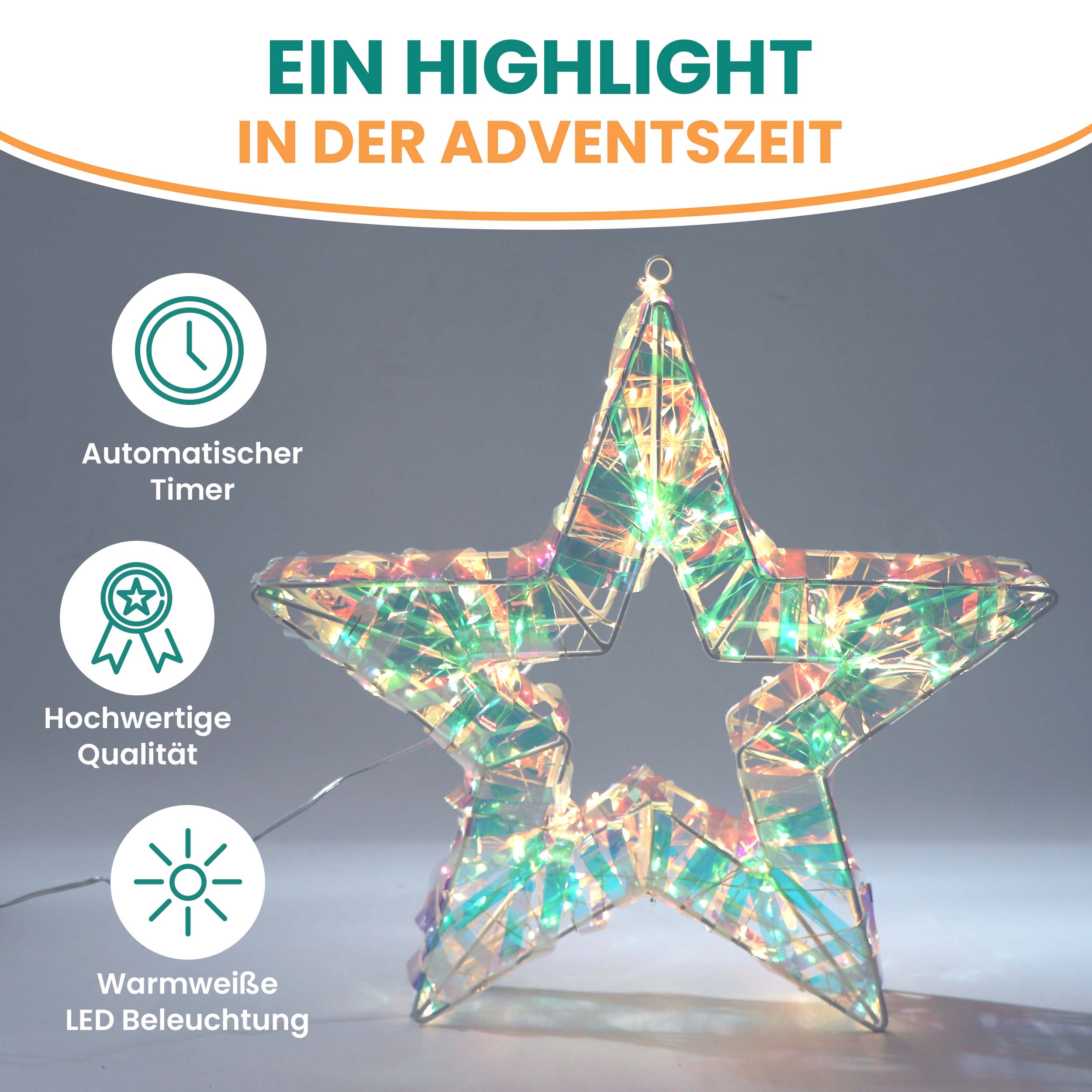Weihnachtsstern 40x40 cm in Regenbogenfarben 180 LED warmweiß mit Timer außen