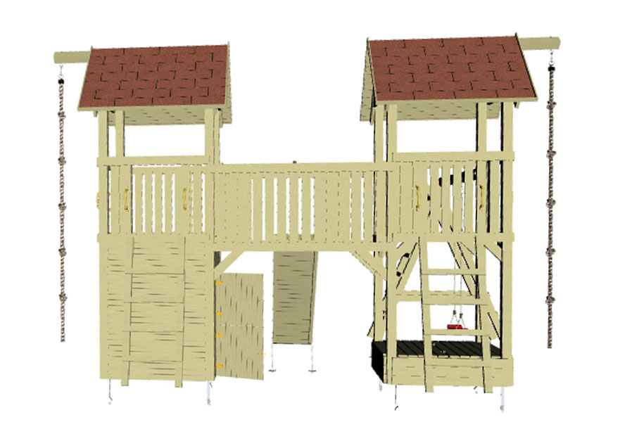 Spielanlage Piratennest mit zwei Spieltürme, Schaukel und Steg