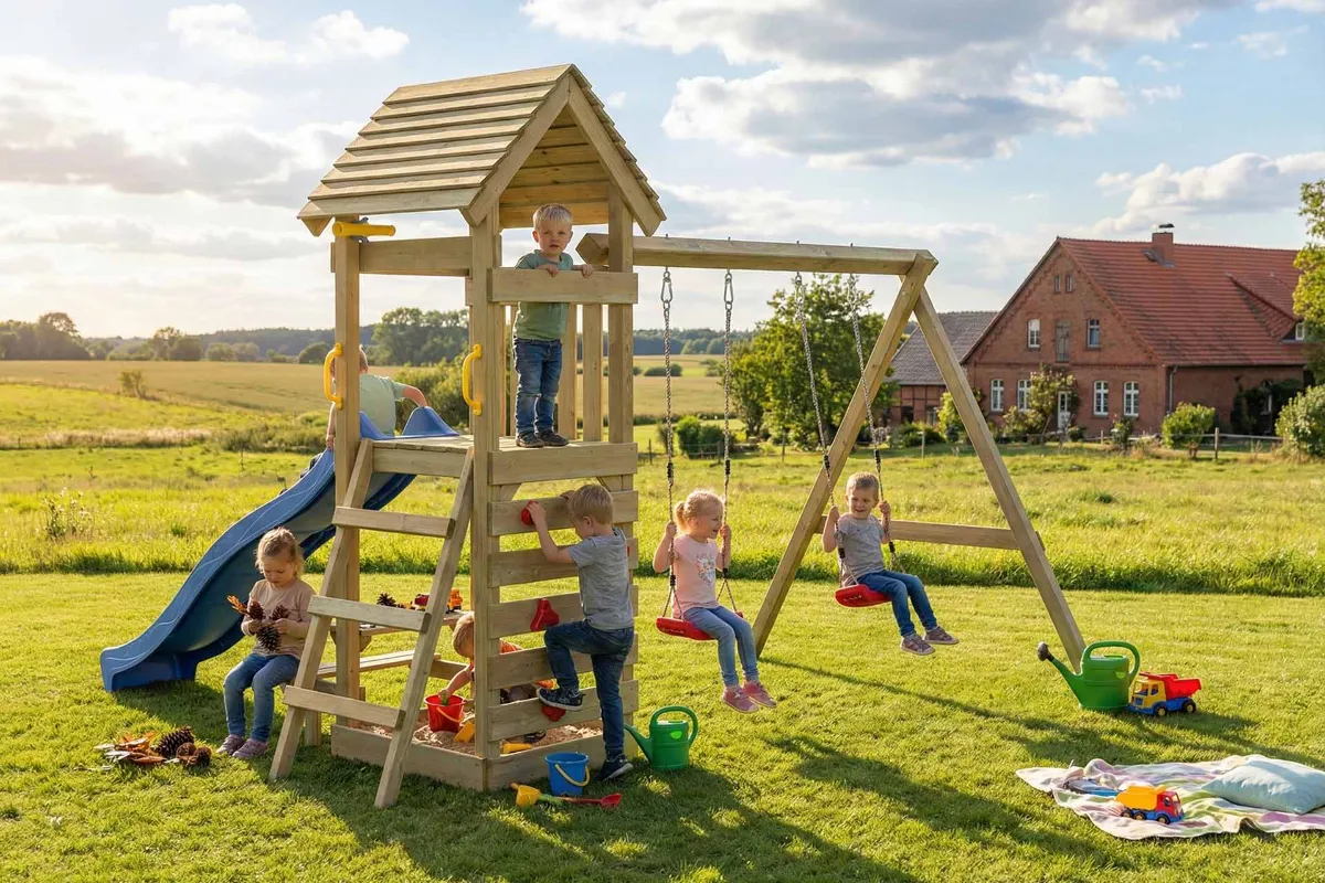 Spielturm Thomas Abenteuer mit Doppelschaukel und Kletterwand