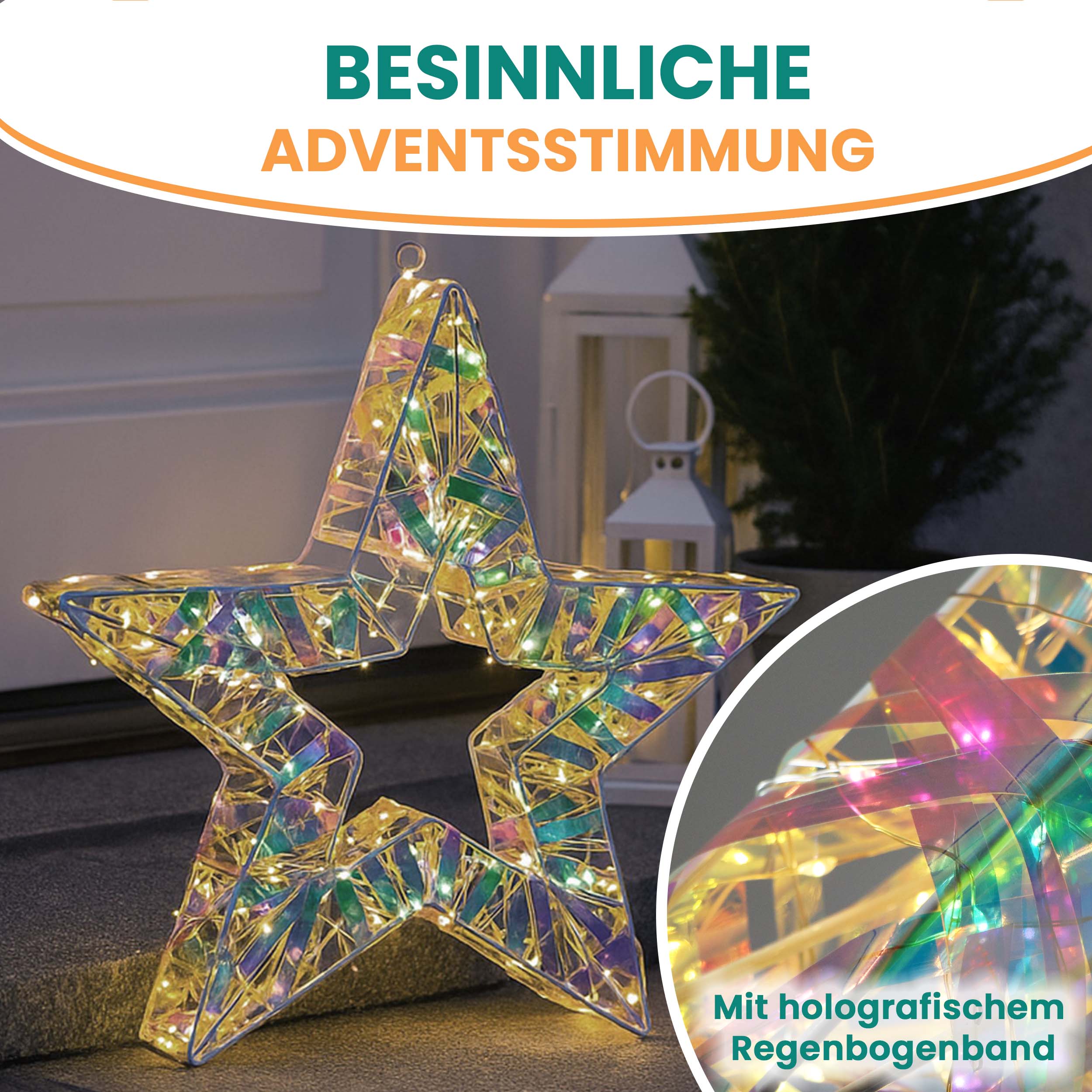 Weihnachtsstern 40x40 cm Regenbogenfarben – 180 LED warmweiß mit Timer für außen