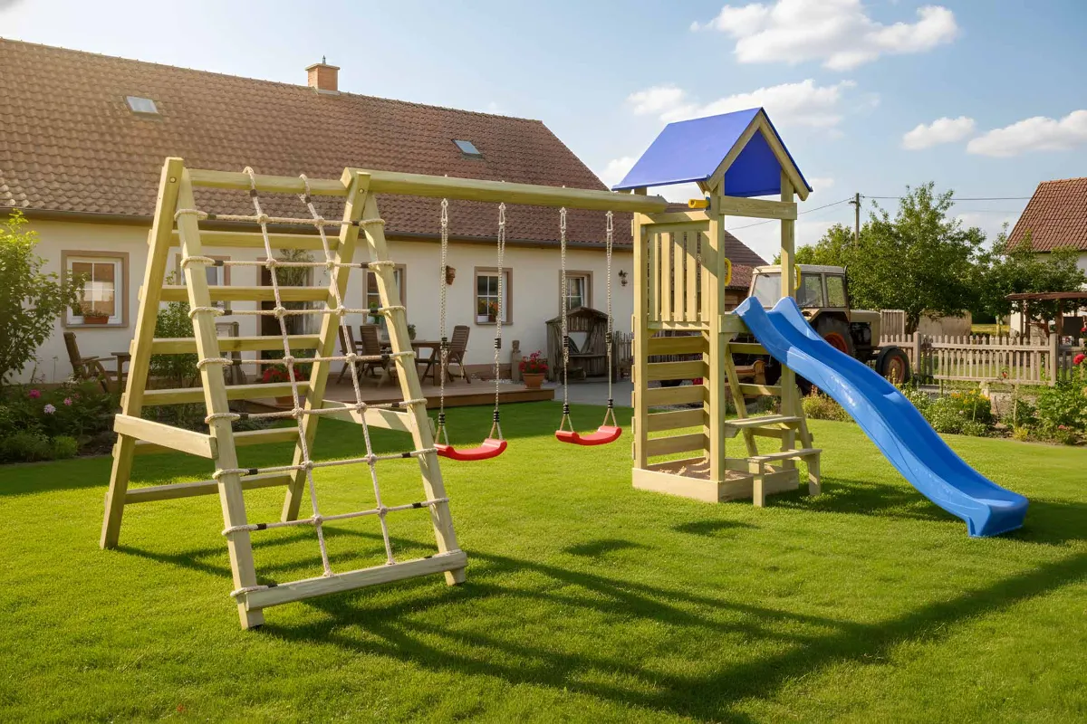Spielturm Julia Max mit Doppelschaukel Kletterwand Kletternetz und roter Rutsche