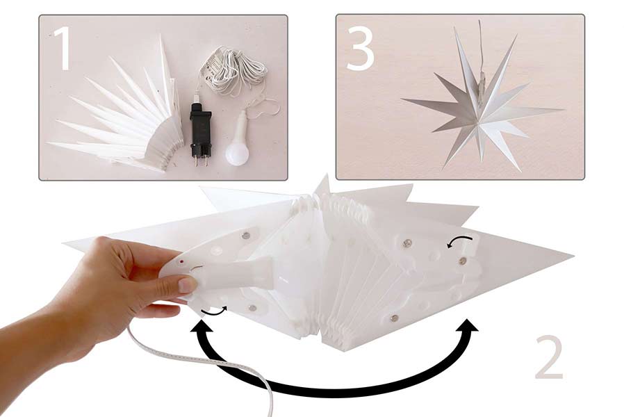 Faltstern 18 Zacken aus Kunstoff-Folie mit LED-Birne warmweiß Weihnachtsstern