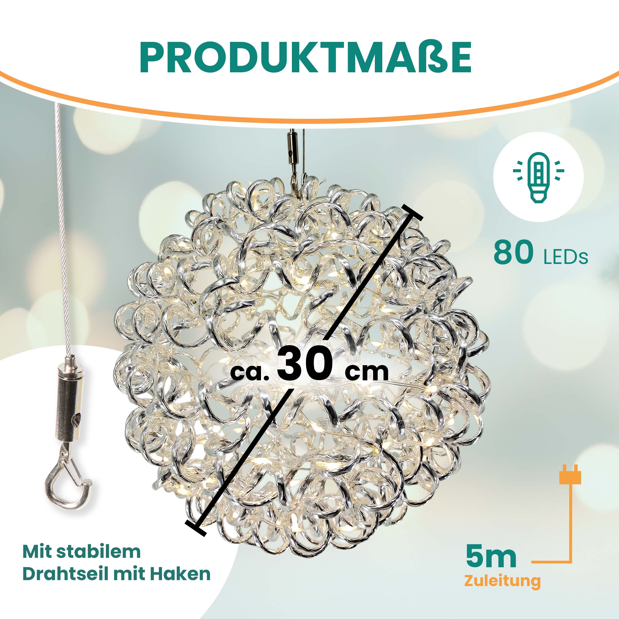 3D Drahtkugel Aluminium Ø 30 cm mit 80 LED warmweiß Timer-Funktion IP44