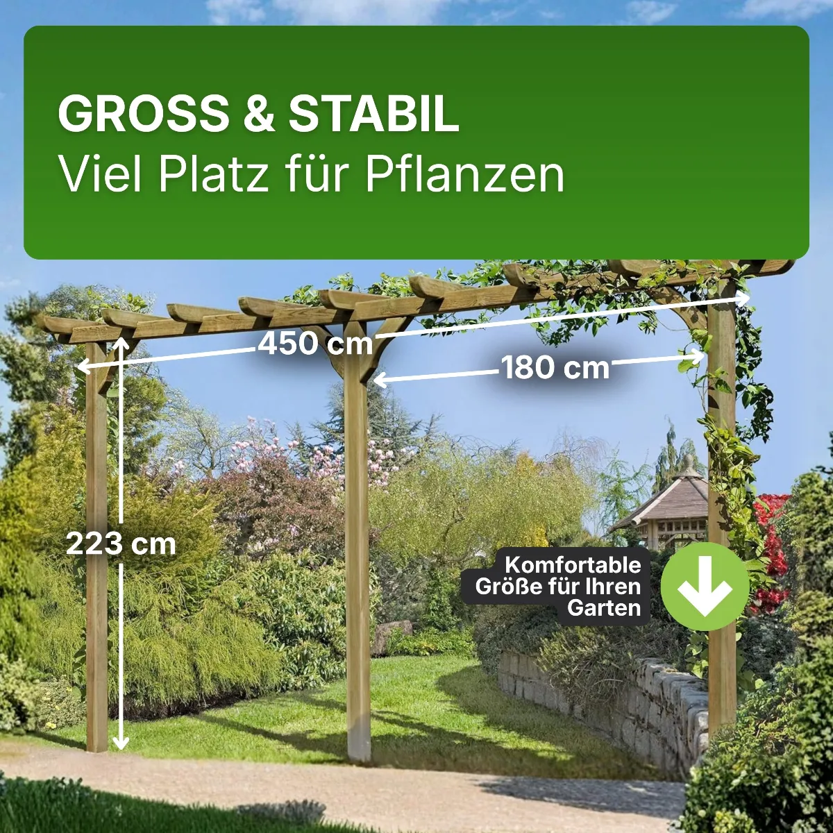 Pergola aus Holz 450 cm lang Torbogen Rankhilfe Rankgerüst Blumenbogen Spalier Rosenbogen