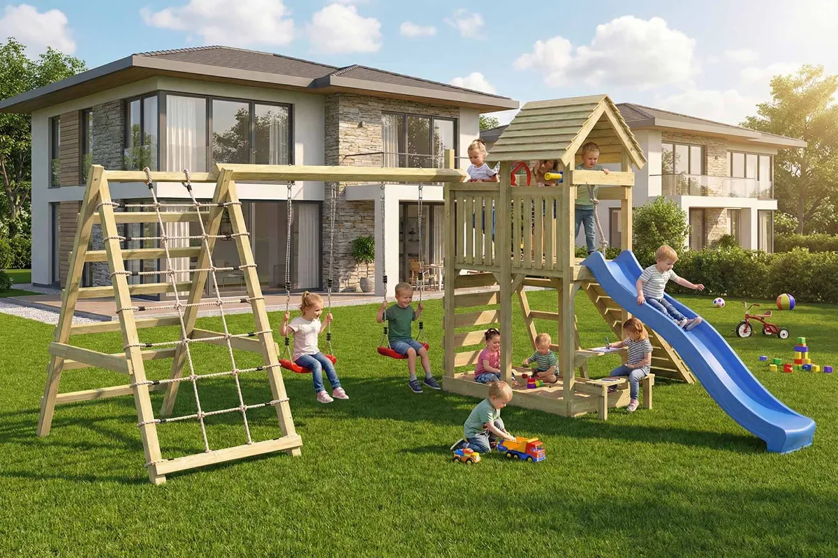 Spielturm Cris Max mit Doppelschaukel und großem Kletterbereich