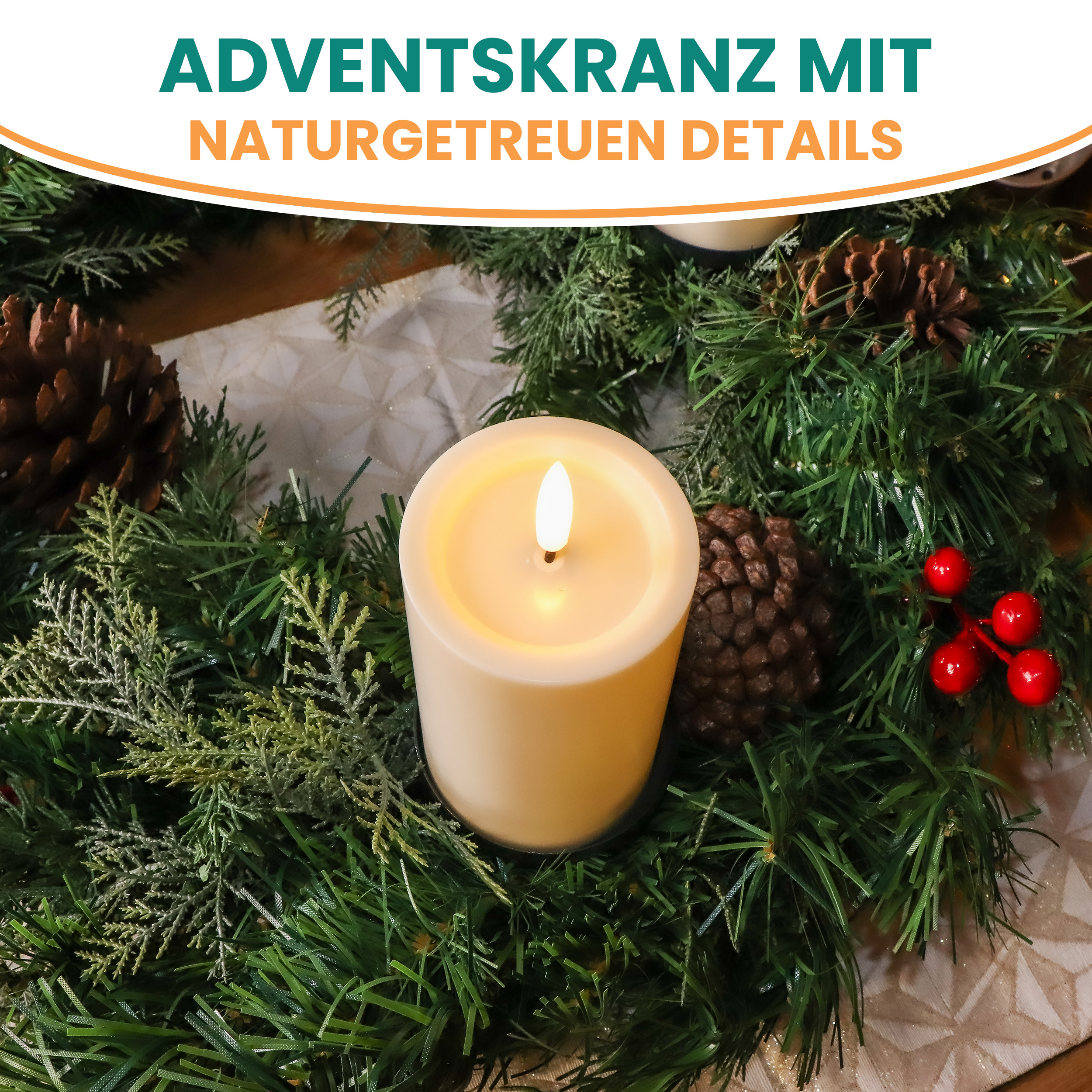 Künstlicher Adventskranz Weihnachtsdeko mit echten Zapfen und roten Beeren geschmückt