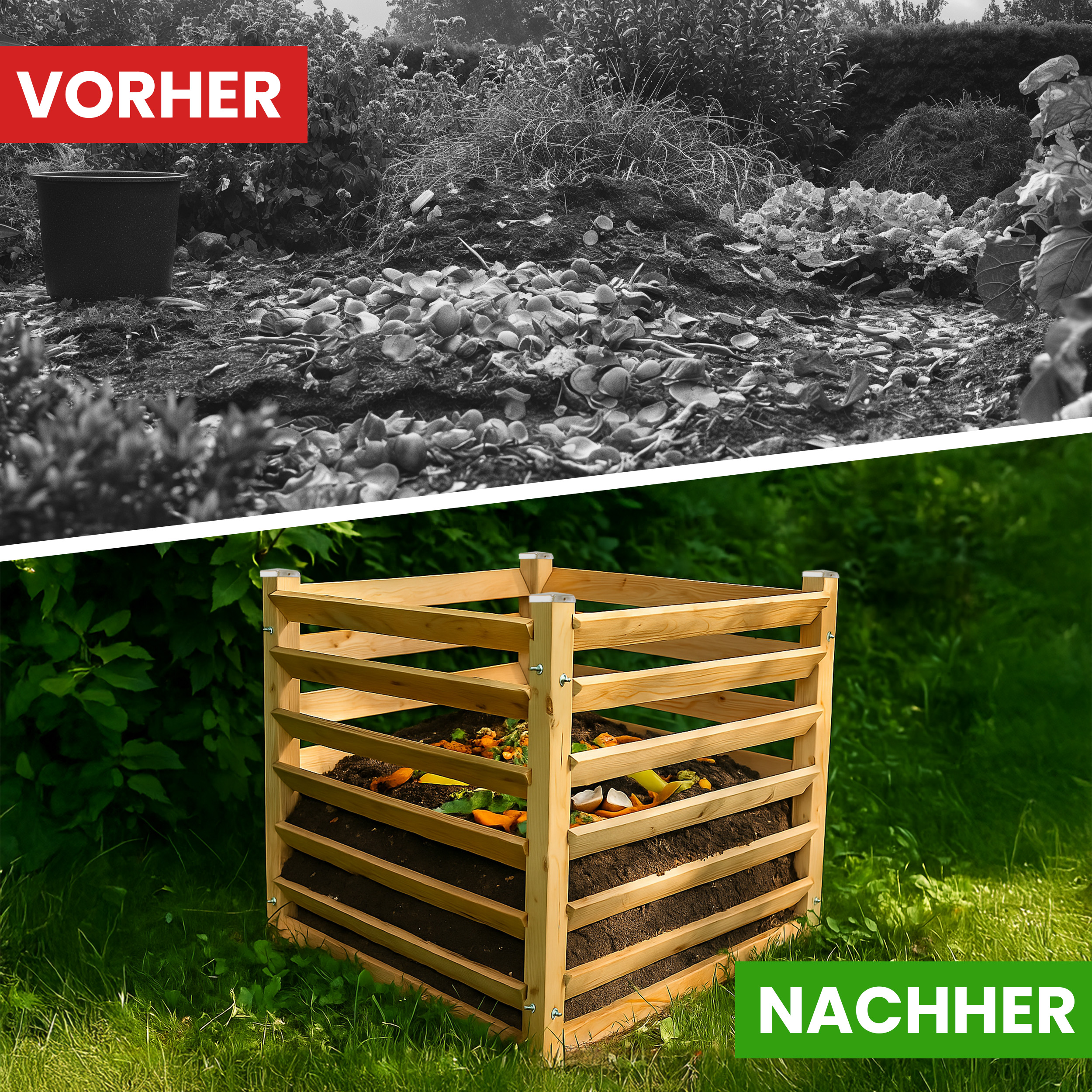 Moderner Komposter Single 100x100xH100 cm aus Lärchenholz Massivholz Steckkomposter Kompostsilo Holzkomposter