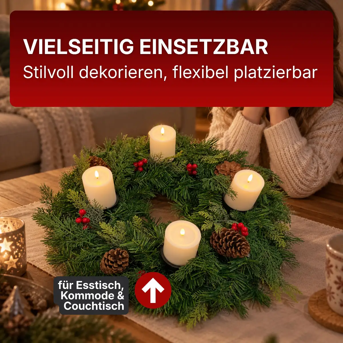 Adventskranz mit LED-Kerzen oder für klassische Kerzen – festlich & langlebig