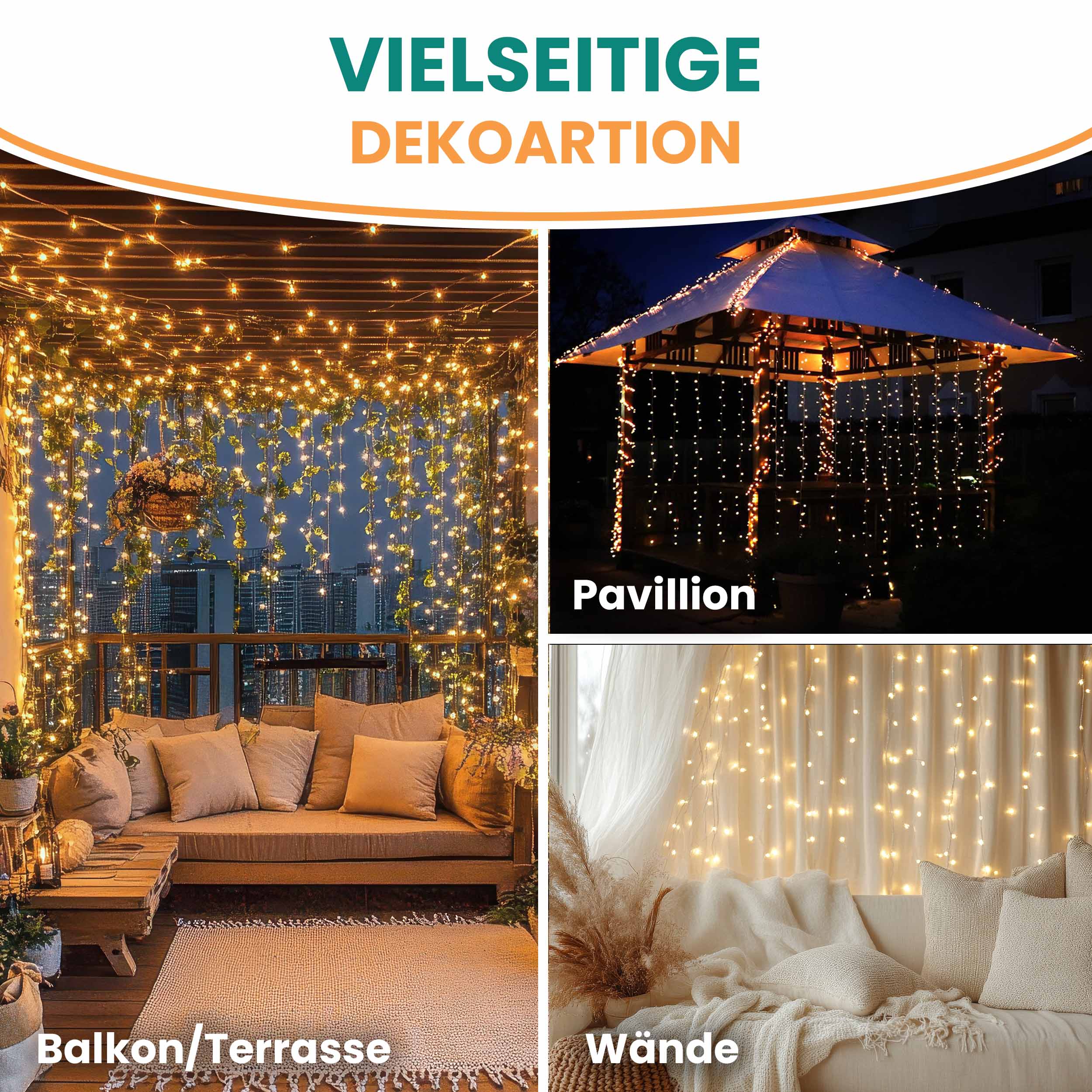 Lichtervorhang 3x3 m 300 LED warmweiß LED-Vorhang mit 8 Programmen