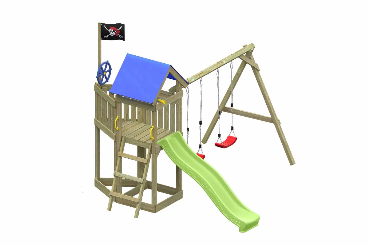 Spielturm Peter Fun mit apfelgrüner Rutsche und Doppelschaukel