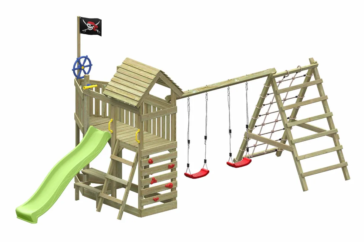 Spielturm Mia Max mit apfelgrüner Rutsche Doppelschaukel und großem Kletterbereich
