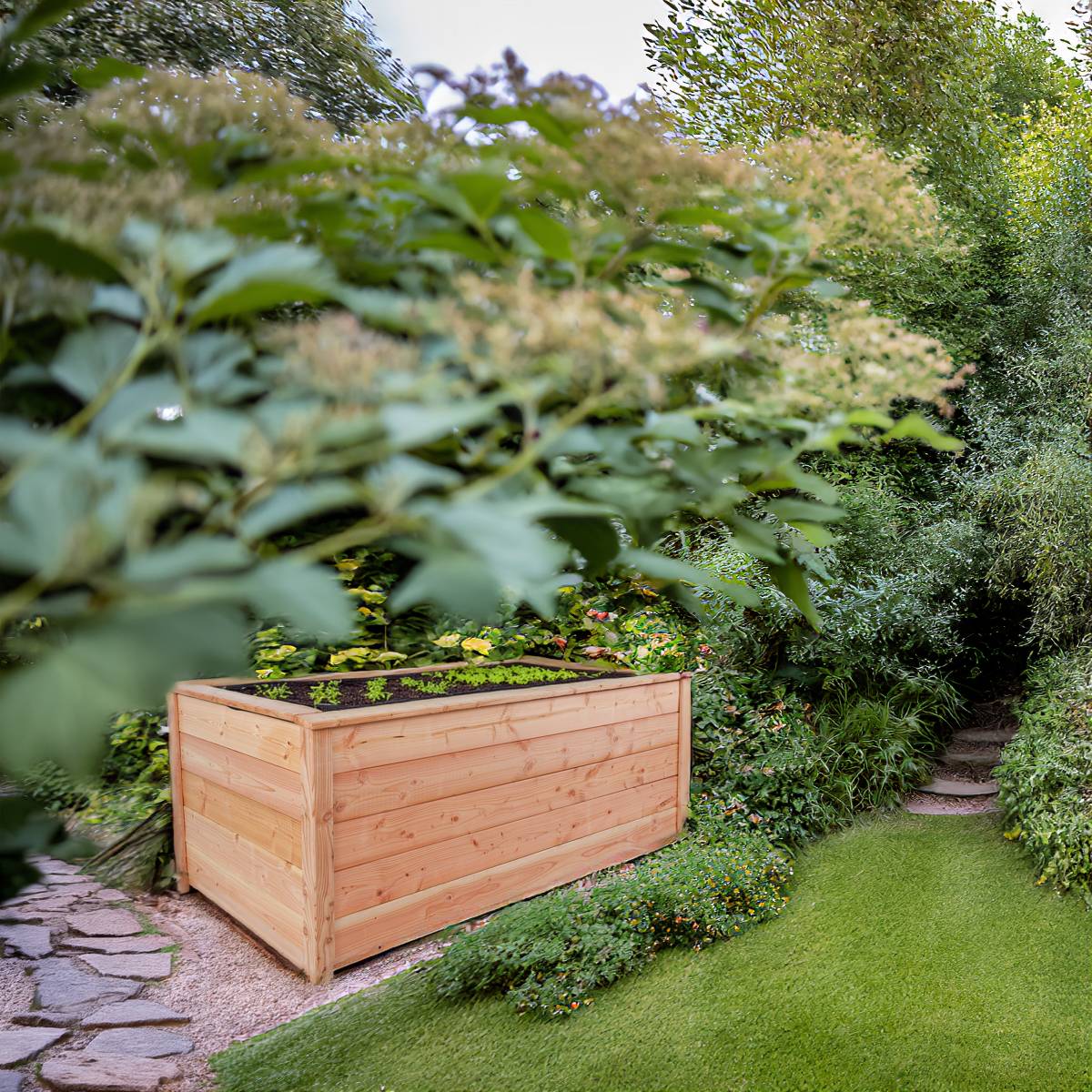 Modernes Hochbeet Höhe 73 cm mit Handlauf aus Lärchenholz Pflanzbeet Kräuterbeet Gemüsebeet