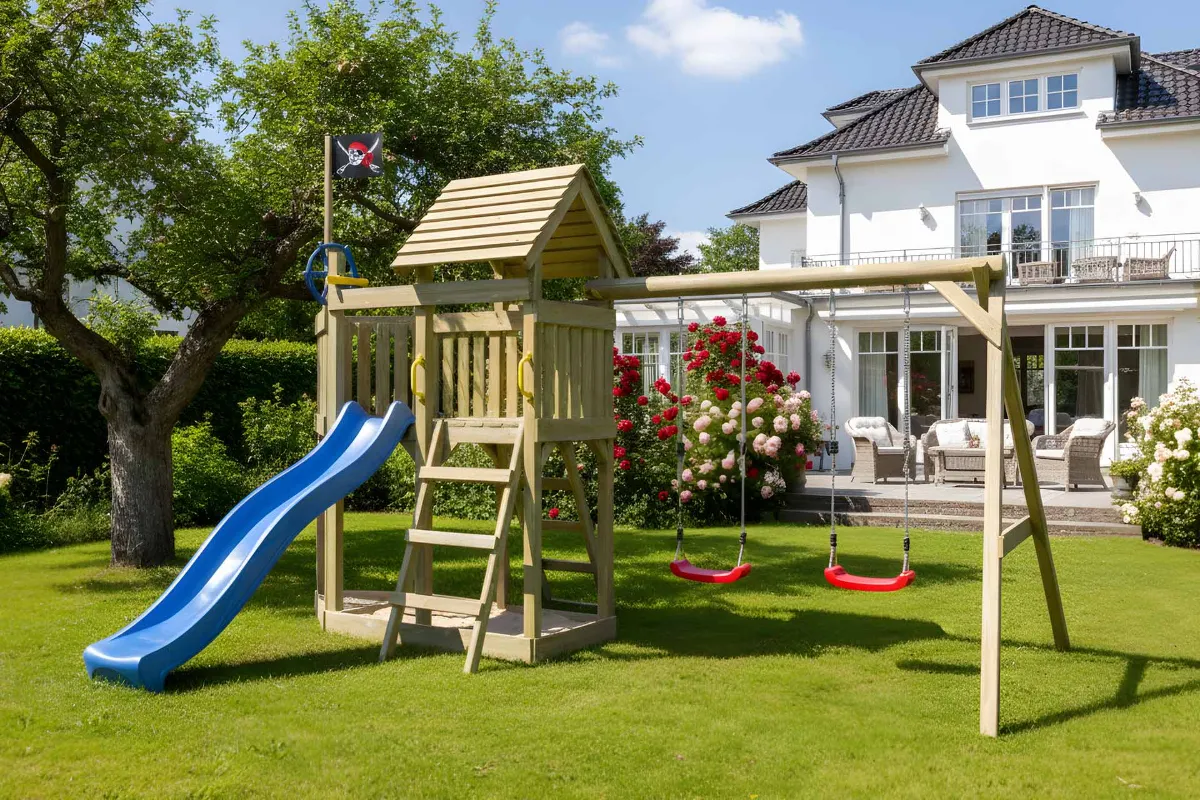 Spielturm Mia Fun mit Doppelschaukel und blauer Rutsche