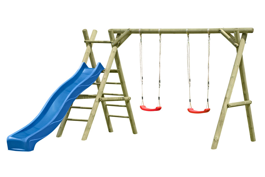 B-Ware Classic Schaukelgestell 310x190x220 cm Kiefer KDI Doppelschaukel mit Kletterleiter Podest und Rutsche 290 cm blau