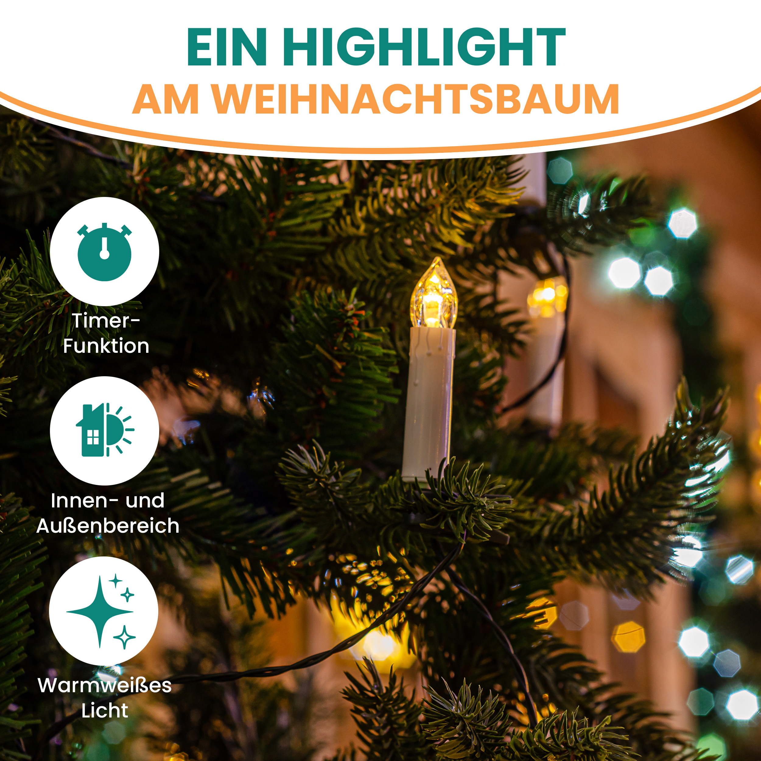 Weihnachtsbaum-Lichterkette 14,5 m 30 LED-Kerzen warmweiß mit Timer-Funktion