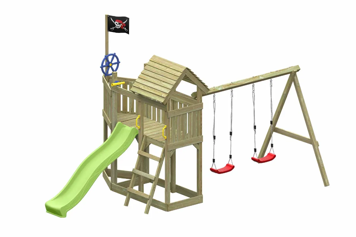 Spielturm Mia Fun mit Doppelschaukel und apfelgrüner Rutsche