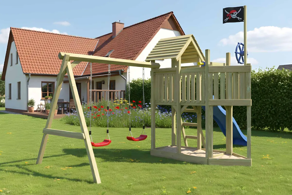 Spielturm Mia Fun mit Doppelschaukel und blauer Rutsche