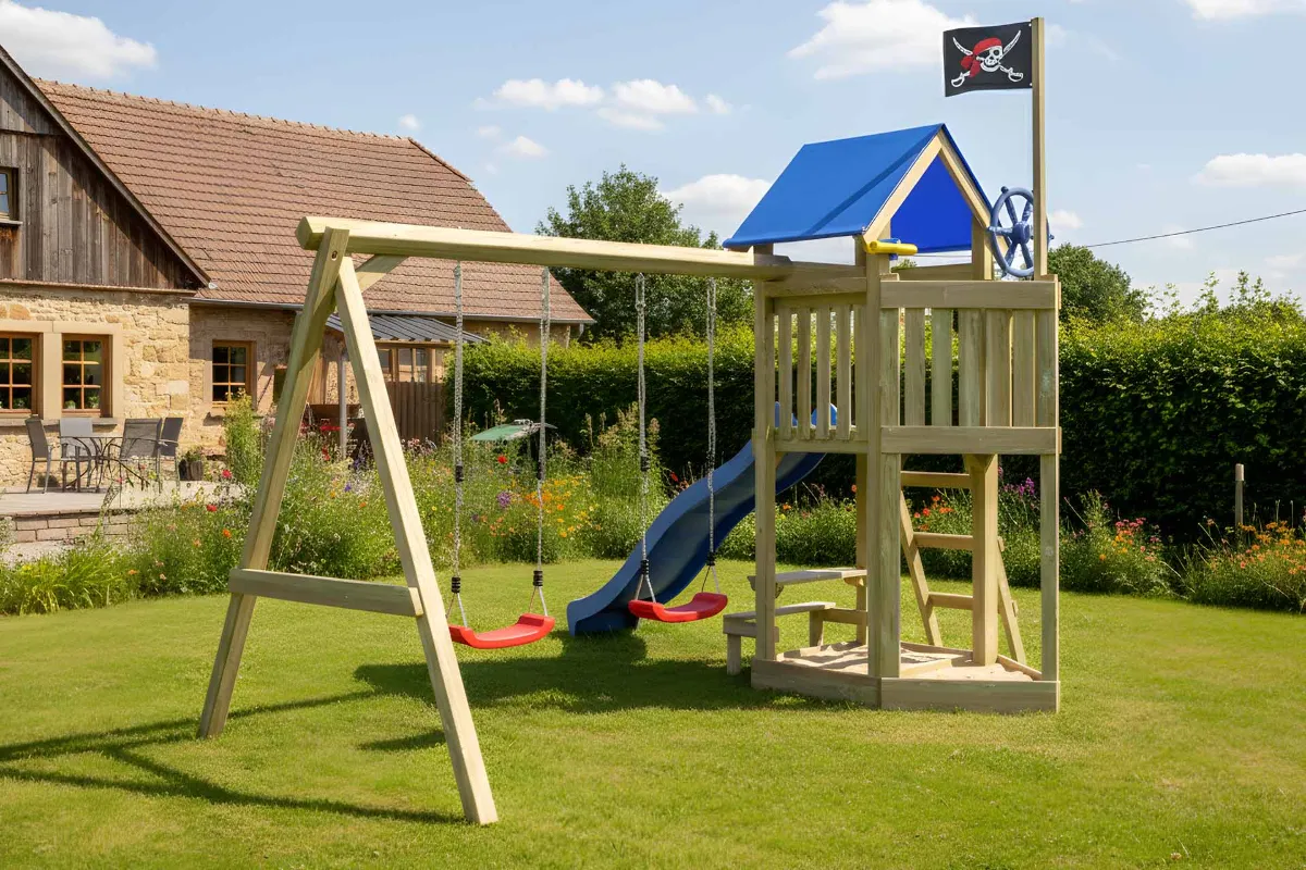 Spielturm Peter Abenteuer mit Doppelschaukel Tisch und Leiter