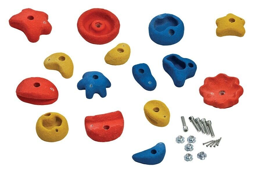 Klettersteine 15 Stück klein/ mittel/ groß in rot blau gelb Griffe für Kletterwand mit Drehsicherung
