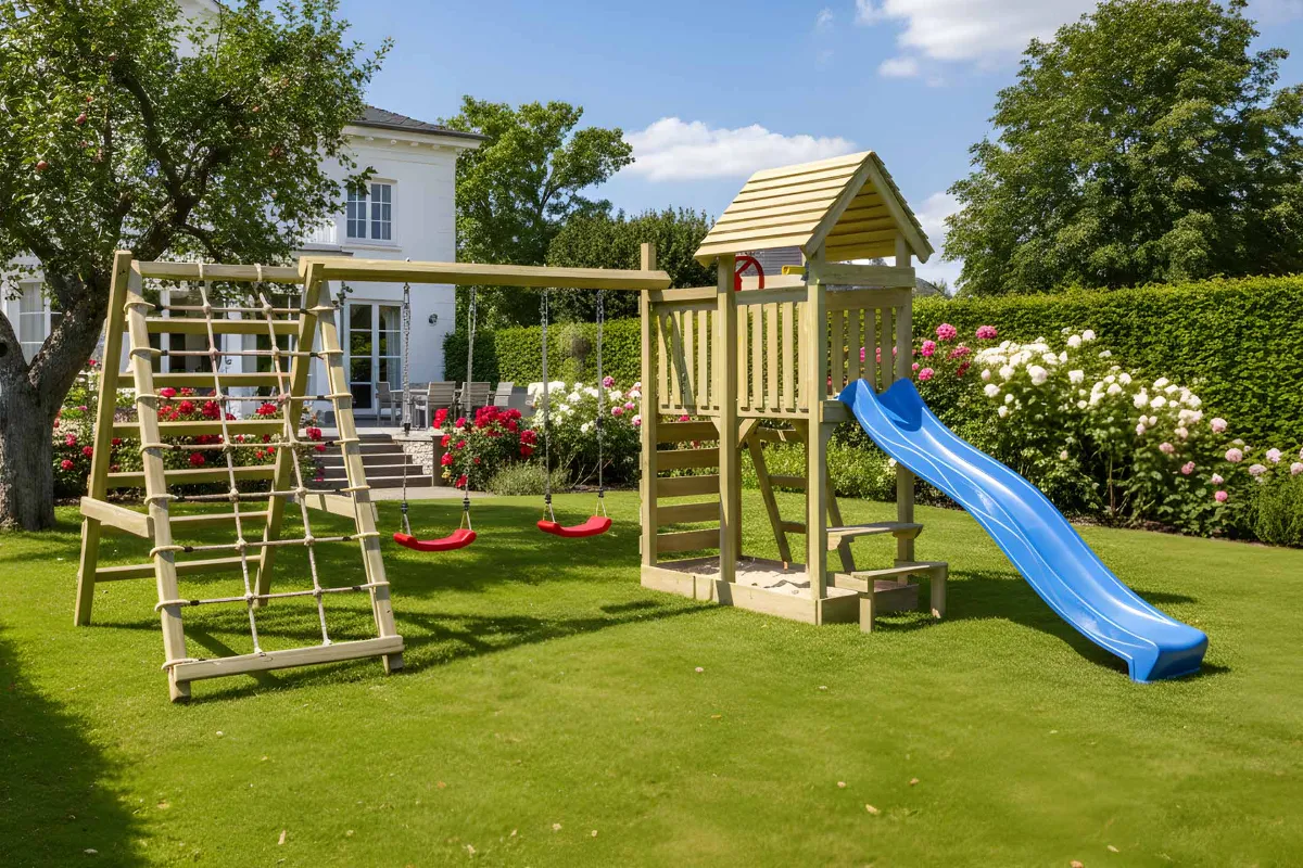 Spielturm Andrea Max mit Doppelschaukel Kletterwand und Kletternetz
