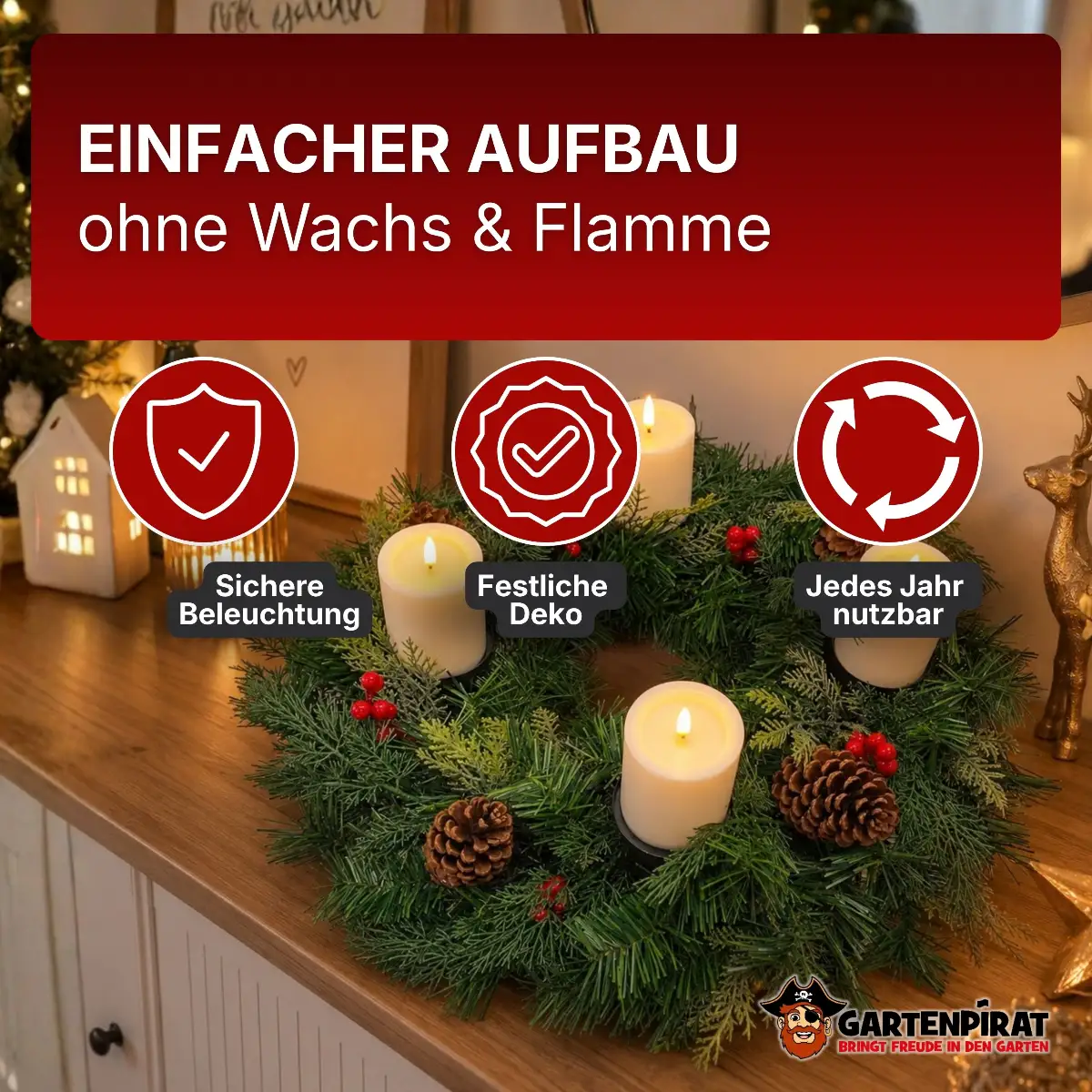 Adventskranz mit LED-Kerzen oder für klassische Kerzen – festlich & langlebig