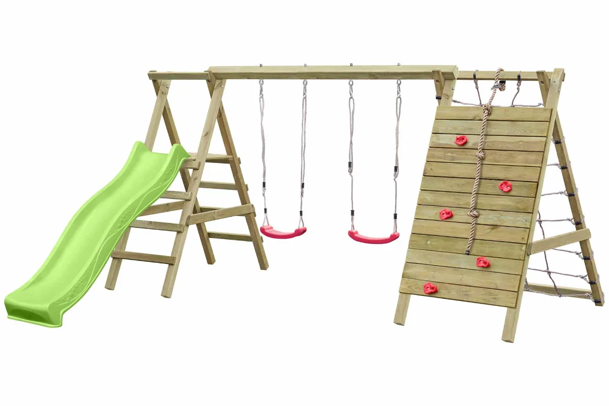 Doppelschaukel Sarah mit Kletternetz Kletterwand und apfelgrüner Rutsche