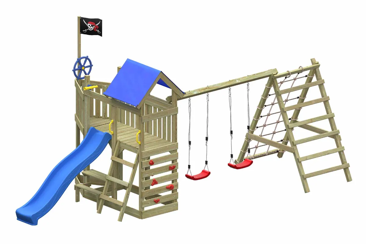 Spielturm Georg Max mit blauer Rutsche Kletternetz Kletterwand und Doppelschaukel
