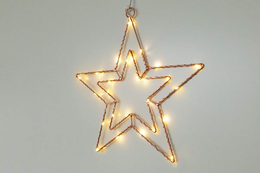 Weihnachtsstern aus kupferfarbenem Draht mit LED-Lichtern warmweiß Fensterstern